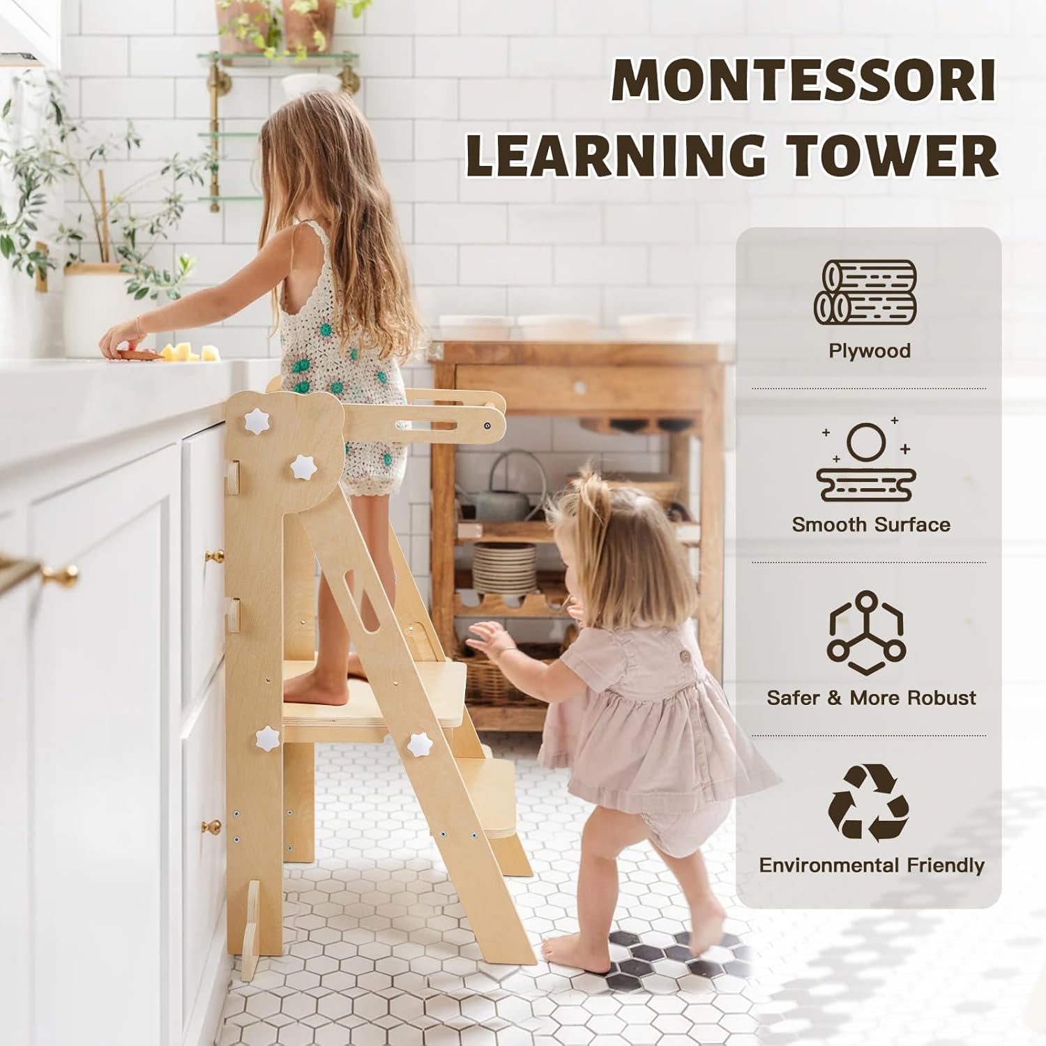 Labebe Klappbar Lernturm Für Kinder, Montessori Learning Tower Mit Zweiseitige Tafel, 3 in 1 Einstellbare Höhe Und Breite Lerntower, Multifunktion Lernturm Ab 1 Jahr Für Küche(Holz)