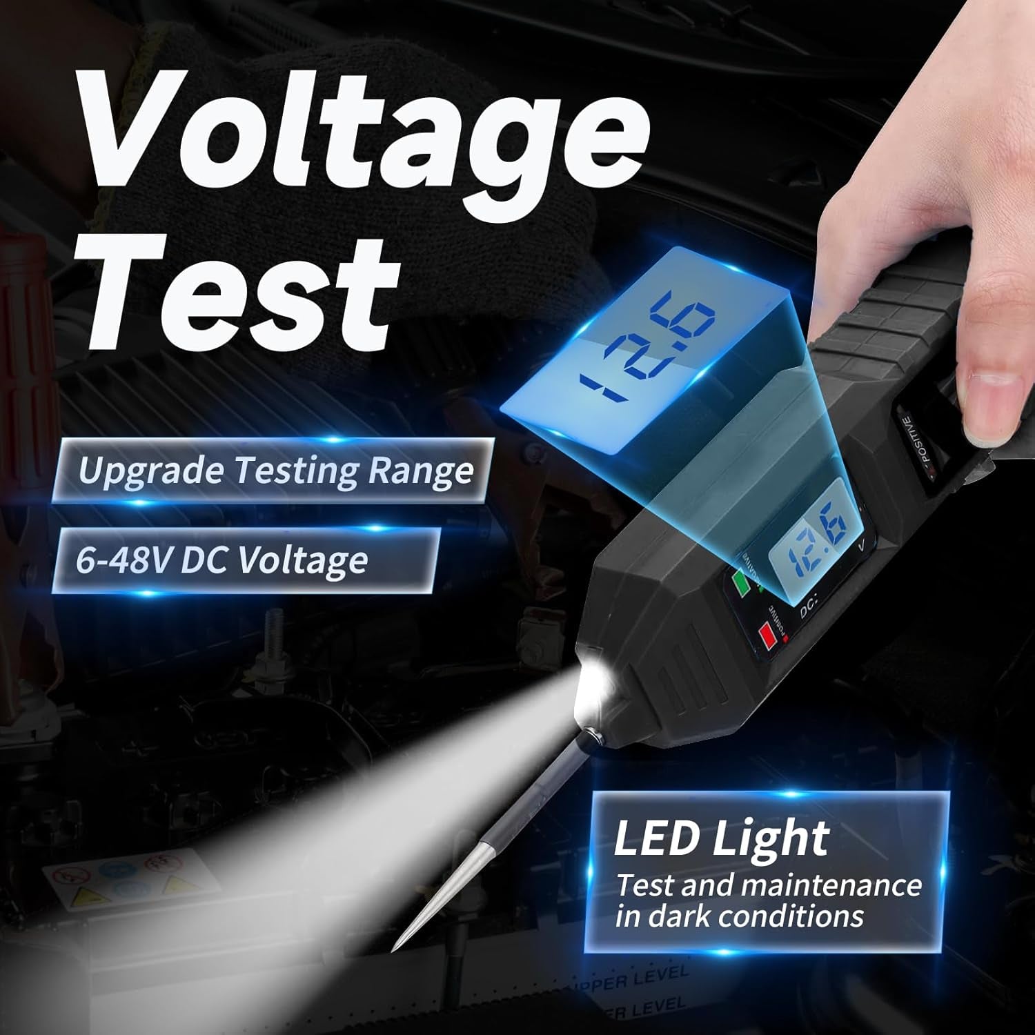 Spannungsprüfer Stift, Kfz Digital-Spannungsprüfer 6-48V DC Auto Circuit Tester Digital Mit Hintergrundbeleuchtung Durchgangsprüfer, Polaritätstest Leerlauftest Diodentest Erdungstest, Leistungsmesser