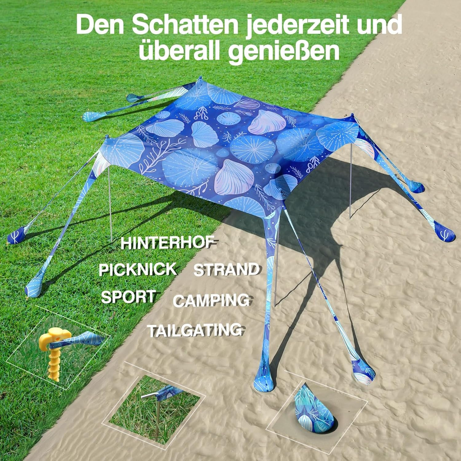 Rhino Valley Strandmuschel, Strandzelt Sonnenschutz UV 50+, Windschutz Strandzelt, Tragbar Sonnensegel Strand Für Camping, Angeln, Picknick Im Garten Strand
