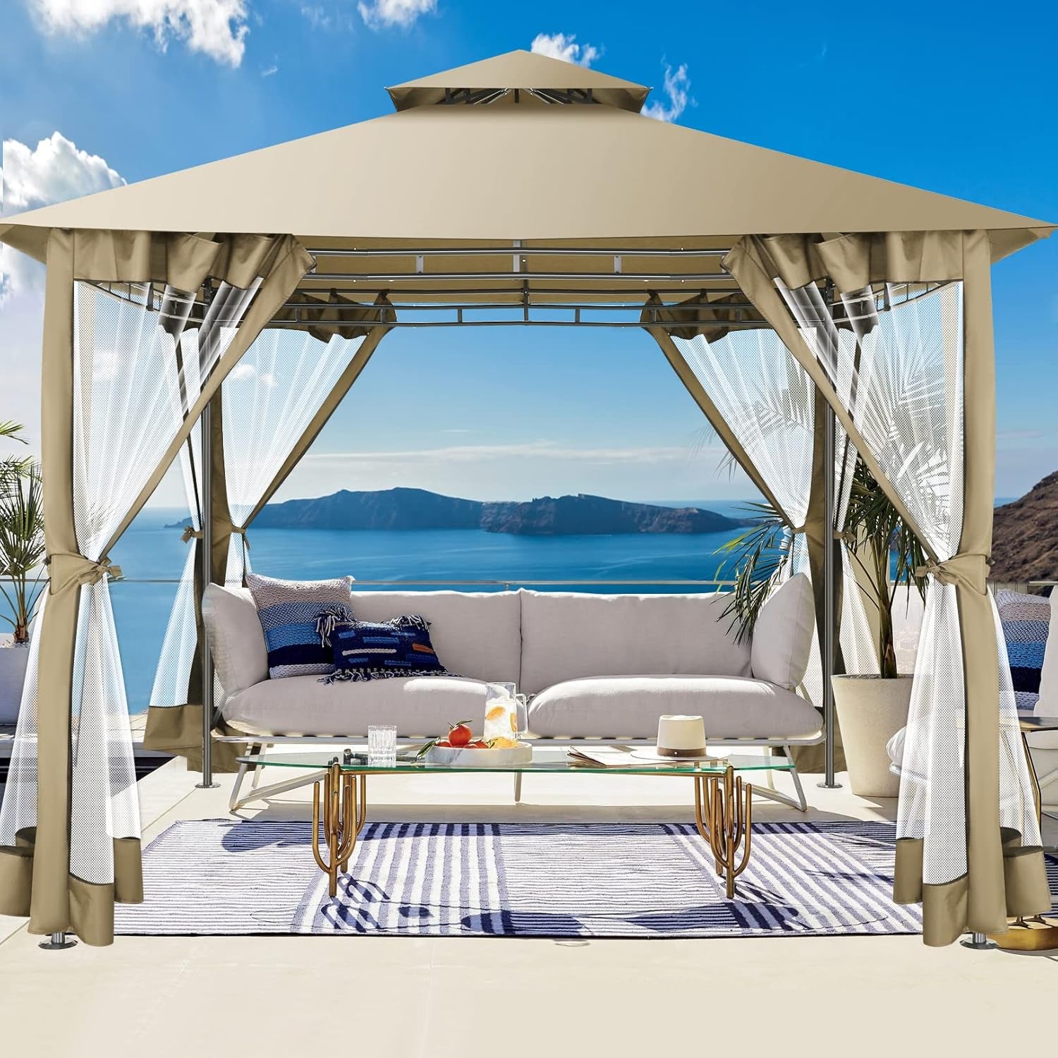 HOTEEL Pavillon 3X3 Wasserdicht Stabil, Gartenpavillon Mit Moskitonetz Und Doppeldach, Einfaches Einrichten Metall Pavillon Stabiler Als EIN Faltpavillon, Uv-Schutz 50+, Khaki