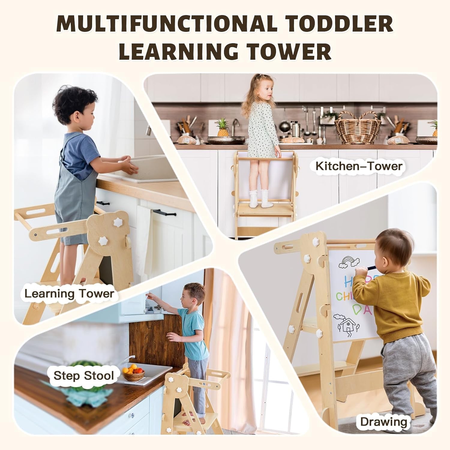 Labebe Klappbar Lernturm Für Kinder, Montessori Learning Tower Mit Zweiseitige Tafel, 3 in 1 Einstellbare Höhe Und Breite Lerntower, Multifunktion Lernturm Ab 1 Jahr Für Küche(Holz)