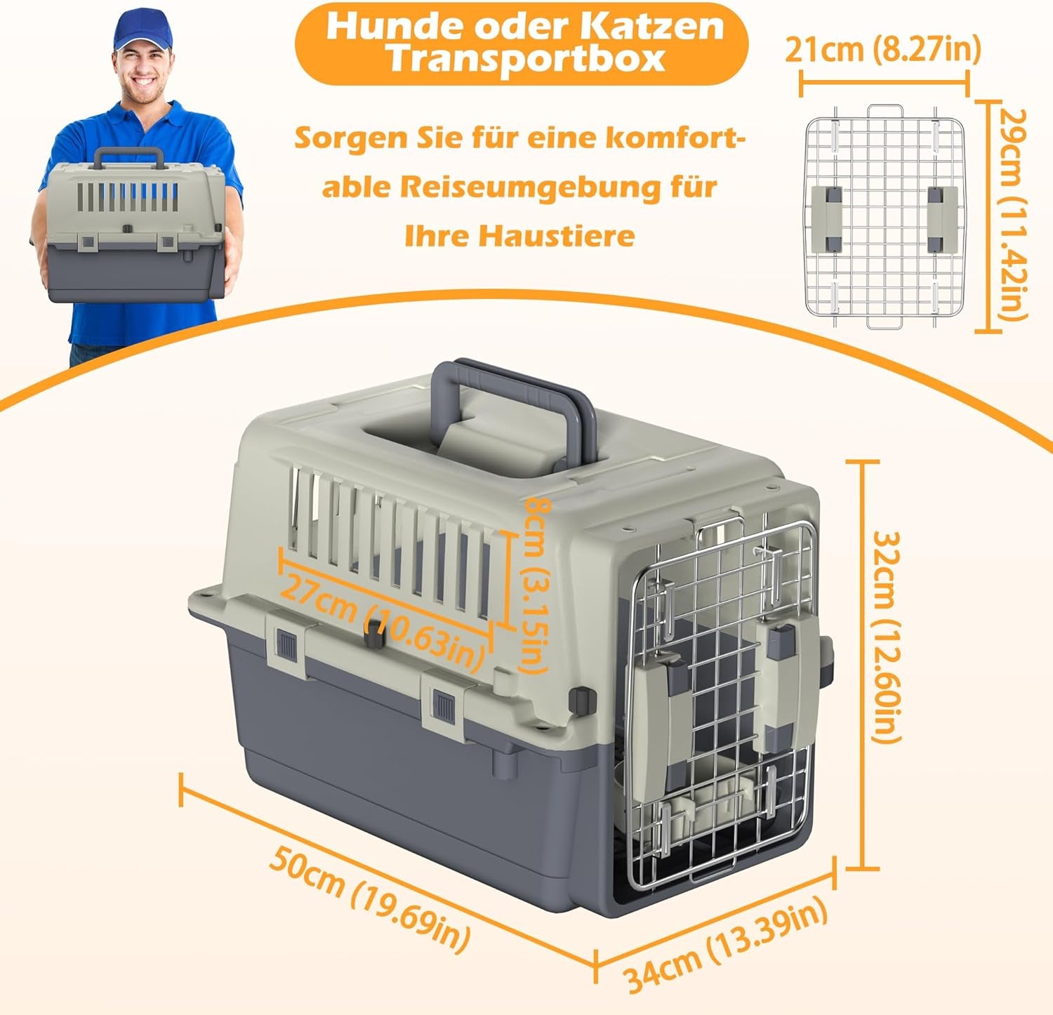 HENGMEI Transportbox Hundebox Hundetransportbox Kleine Hunde Und Katzen Kaninchen Kunststoff Katzenkorb Tiertransportbox Mit Tür Lüftungsschlitze Urinbarriere Schalen Und Tragegriff, 49.5×33.5×36Cm