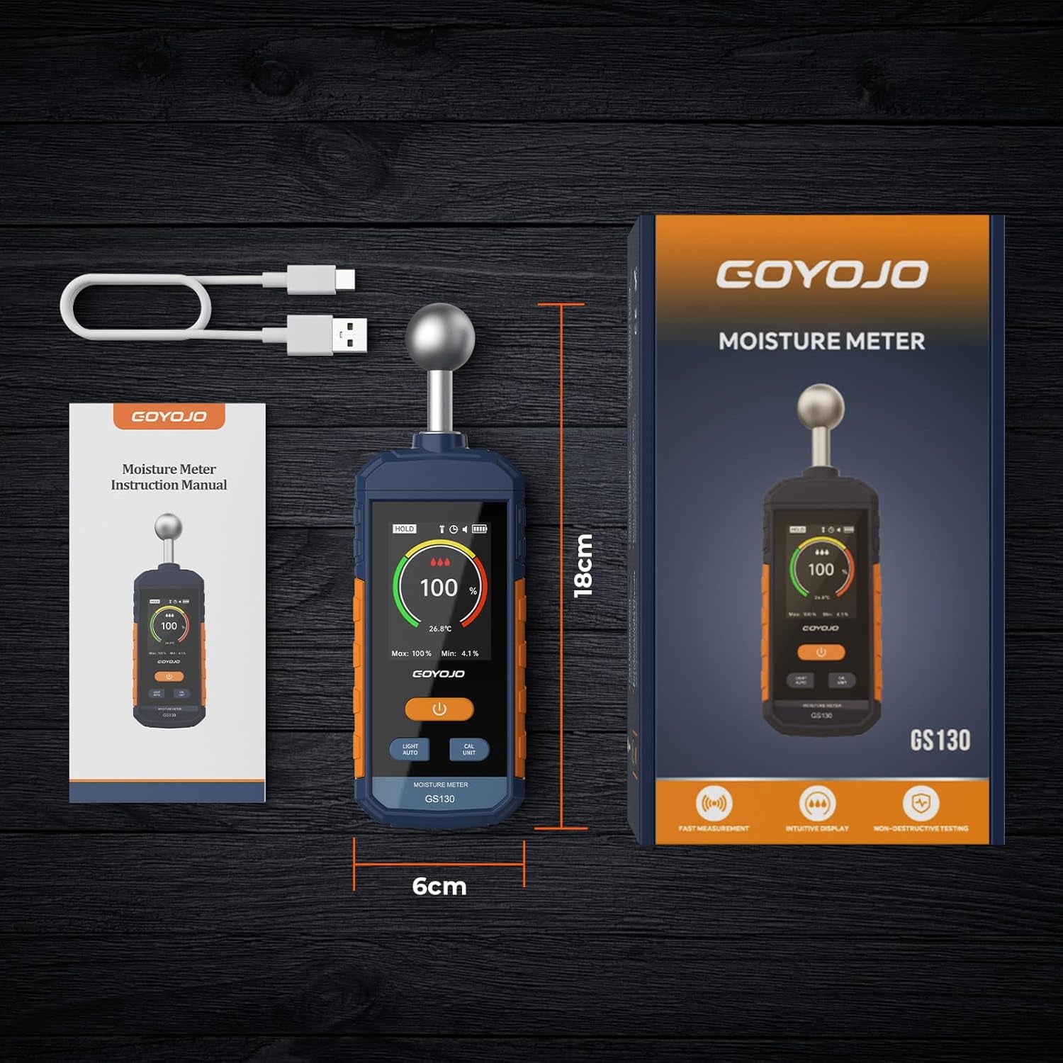 Feuchtigkeitsmessgerät, GOYOJO Holzfeuchtemessgerät Mit Lcd-Bildschirm Und Akustischem Alarm, Wiederaufladbare Feuchtigkeitsmesser Für Holz Brennholz Und Papier, Nachweis Von 5 Bis 40 Mm
