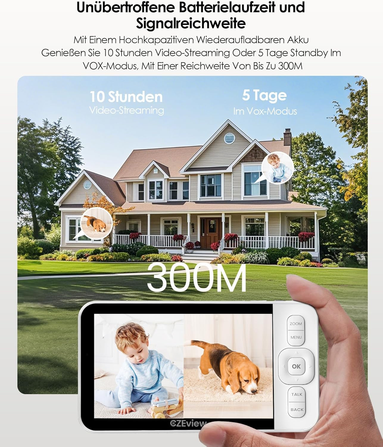 Babyphone Mit 2 Kameras Und APP, 2K/5,0 Zoll WLAN Babyfon Mit Split-Screen, PTZ 360°, 4× Zoom, Ir-Nachtsicht, Automatische Verfolgung, Weinen/Bewegungs/Geräuscherkennung, Alarme