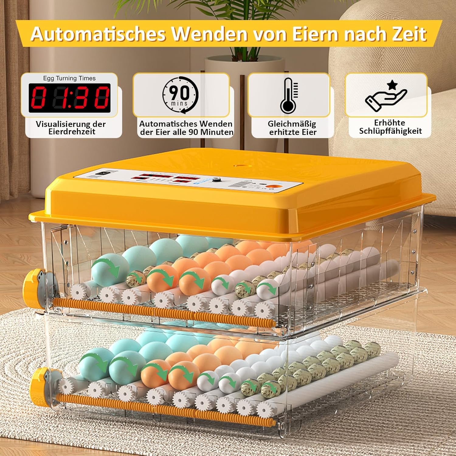 Brutautomat Vollautomatisch Von 120 Eiern, Brutmaschine Mit Automatischer Eierwende Und Feuchtigkeitsüberwachung, Temperaturkontrolle, 5 Automatische Brutmodi Und Brutdaueraufzeichnung