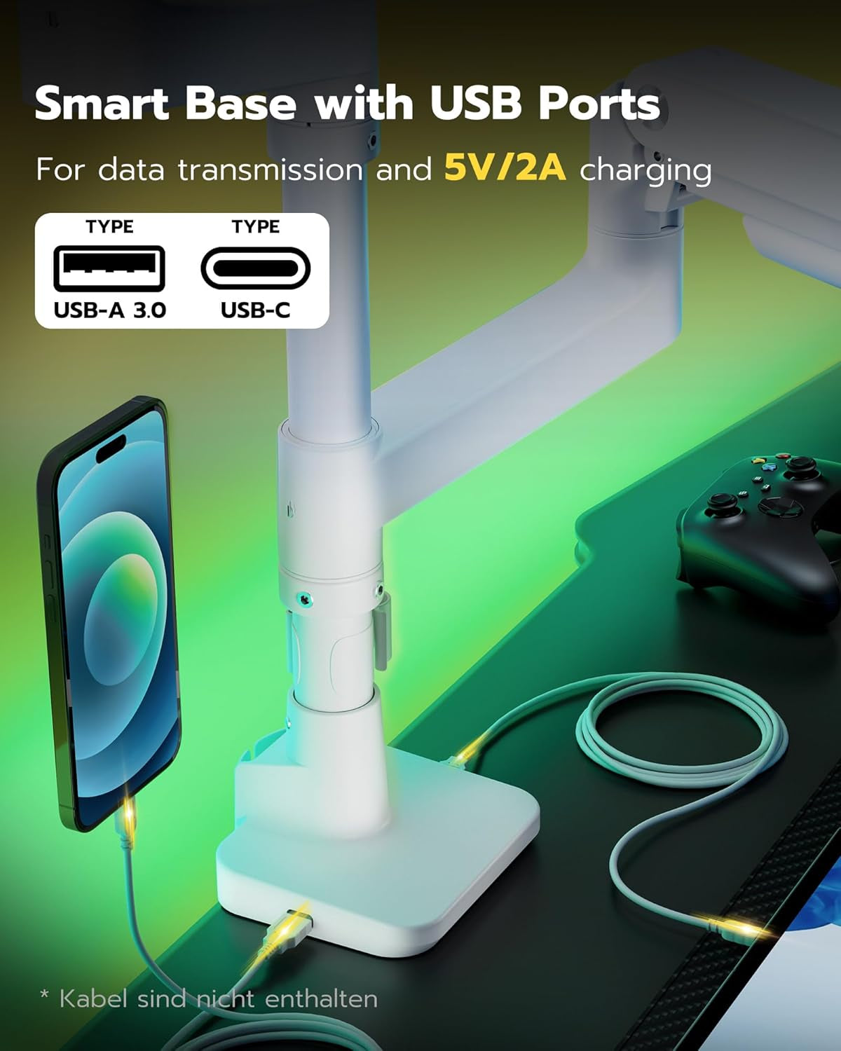 ARES WING Monitor Halterung 2 Monitore Für 17 Bis 49 Zoll Bildschirme, Höhenverstellbare Dual Monitor Arm Mit USB A/C Port, Weiß Bildschirmhalterung 2 Monitore, Max 20 Kg/Arm,Vesa 75 & 100