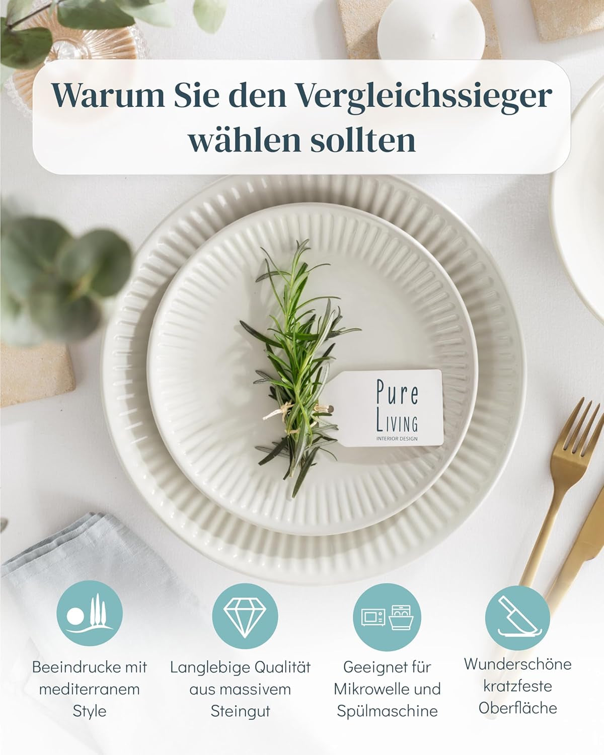 PURE LIVING INTERIOR DESIGN 6X Steingut Teller Groß Hygge Serie - Speiseteller Spülmaschinen-, Mikrowellen-, Kratzfest - Geschirrset 6 Personen, Essteller - Elegantes Gerilltes Geschirr in Beige