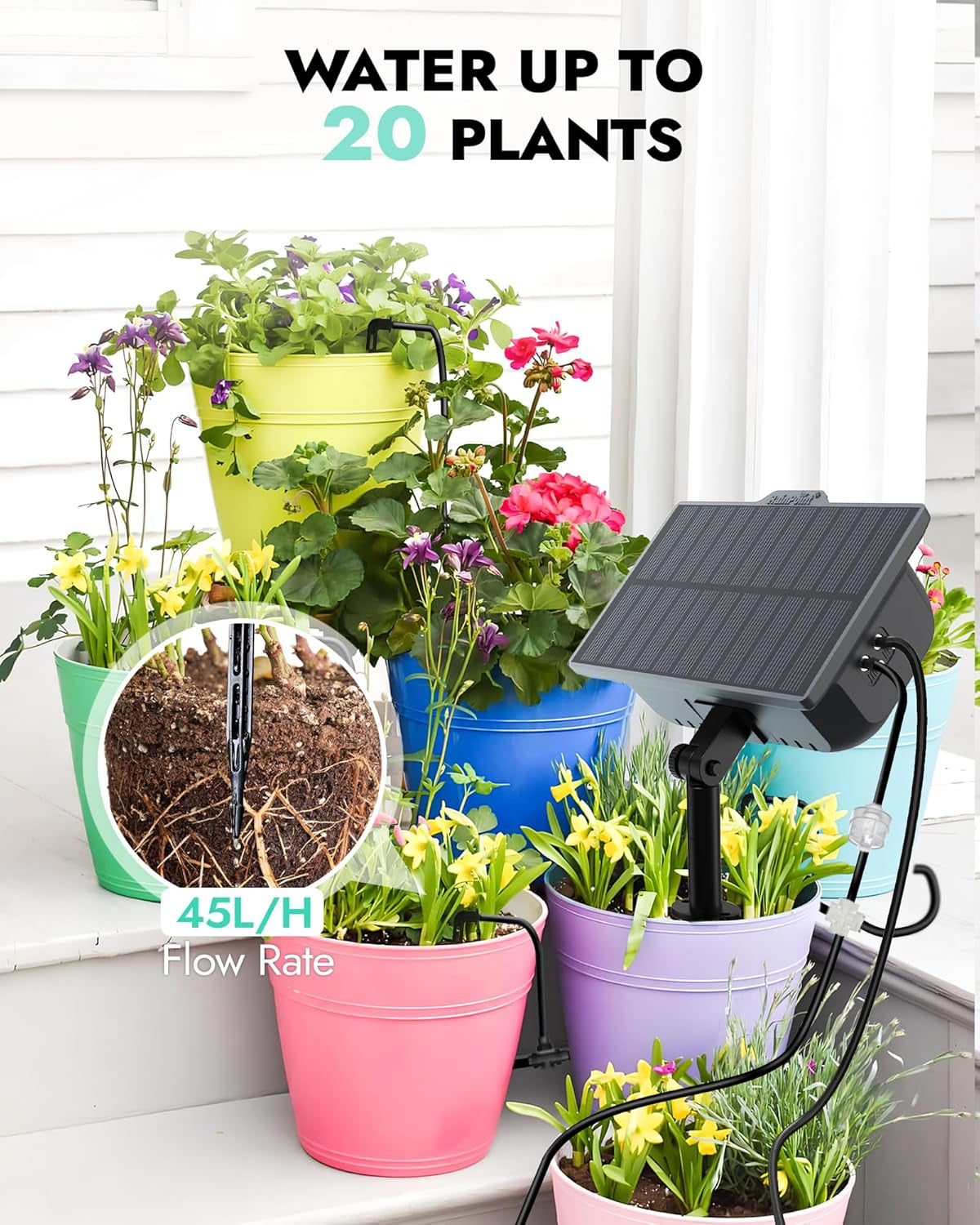 RAINPOINT Solar Bewässerungssystem, Automatische Bewässerungssystem Mit 121 Timer Modi, Solar Bewässerung Outdoor Für Topfpflanzen, Balkon,Garten, Gewächshaus, 2000 Mah Akku, 45L/H