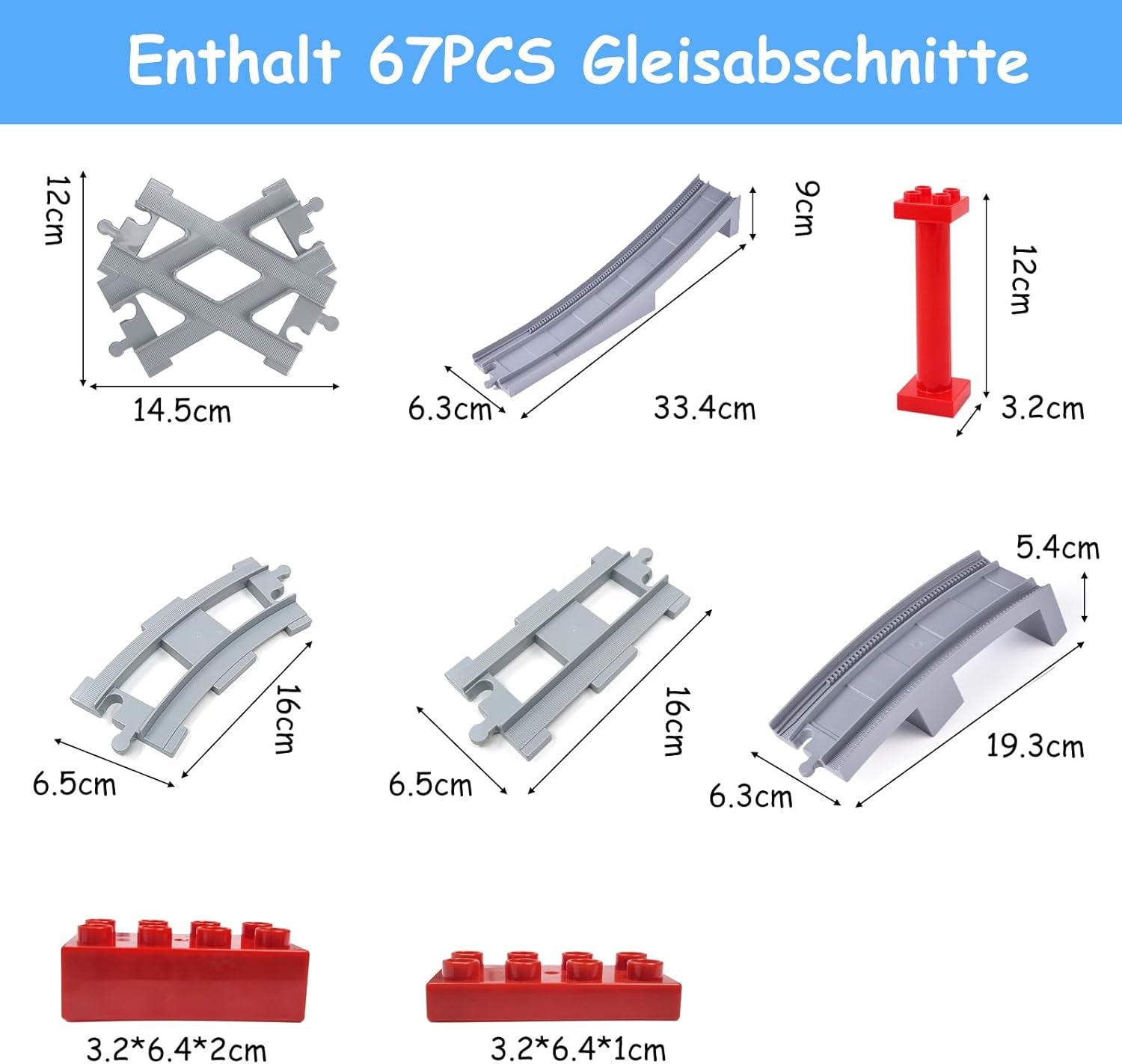 67PCS Bausteine Schienen Set, City Eisenbahn Schienen Bestehend Aus Cross, Track Gerade, Kurven Schienen, Schräge Schienen, Kompatibel Mit Dem Marktführer Ab 2 Jahren