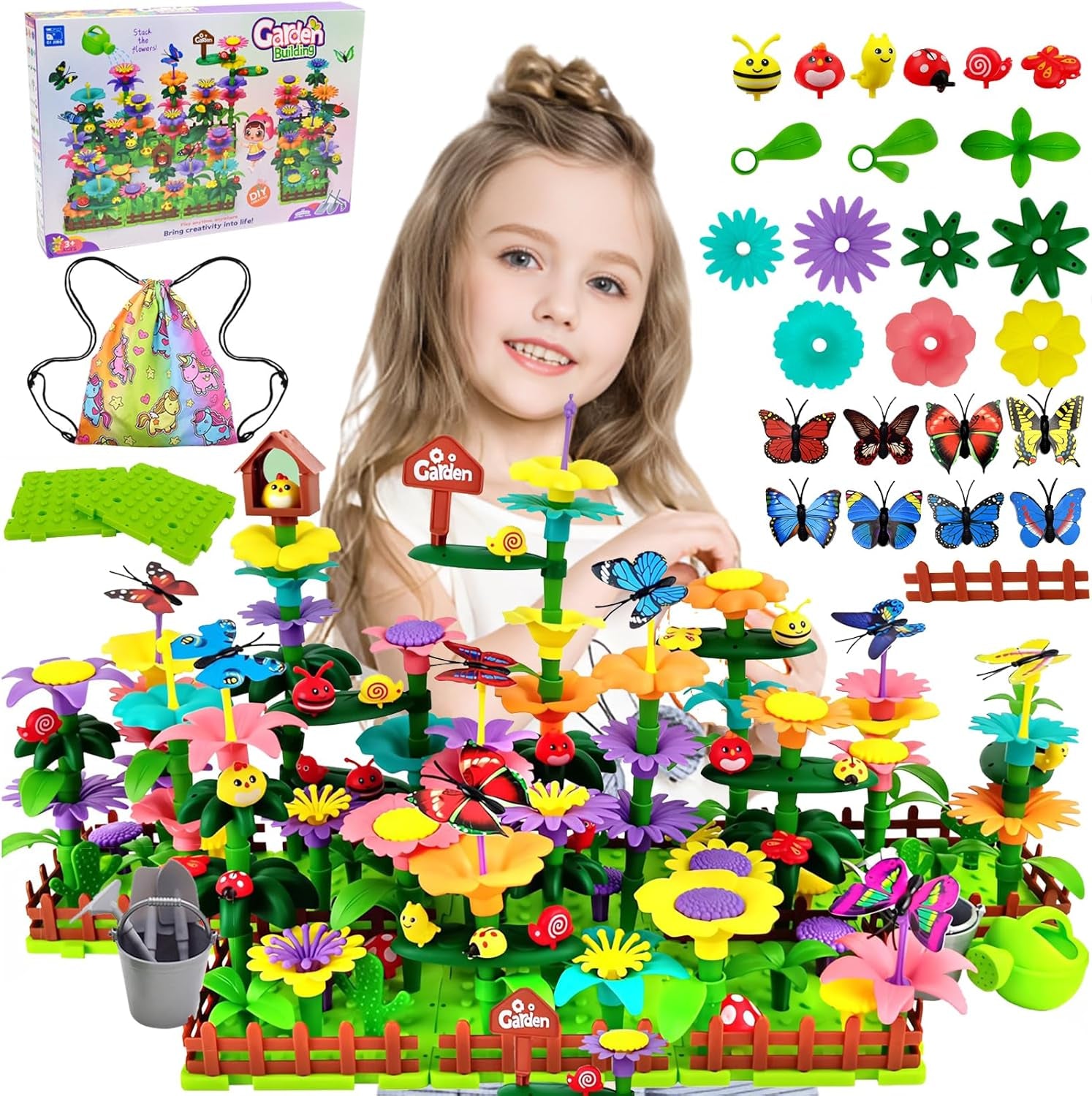 Cyiecw 332 PCS Blumengarten Spielzeug Ab 4 Jahre Mädchen,Kinder Blumen Bausteine,Diy Bouquet Sets Mit Aufbewahrungstasche,Garten Spielzeug Für Kinder Kunst Blumenarrangement Geschenk