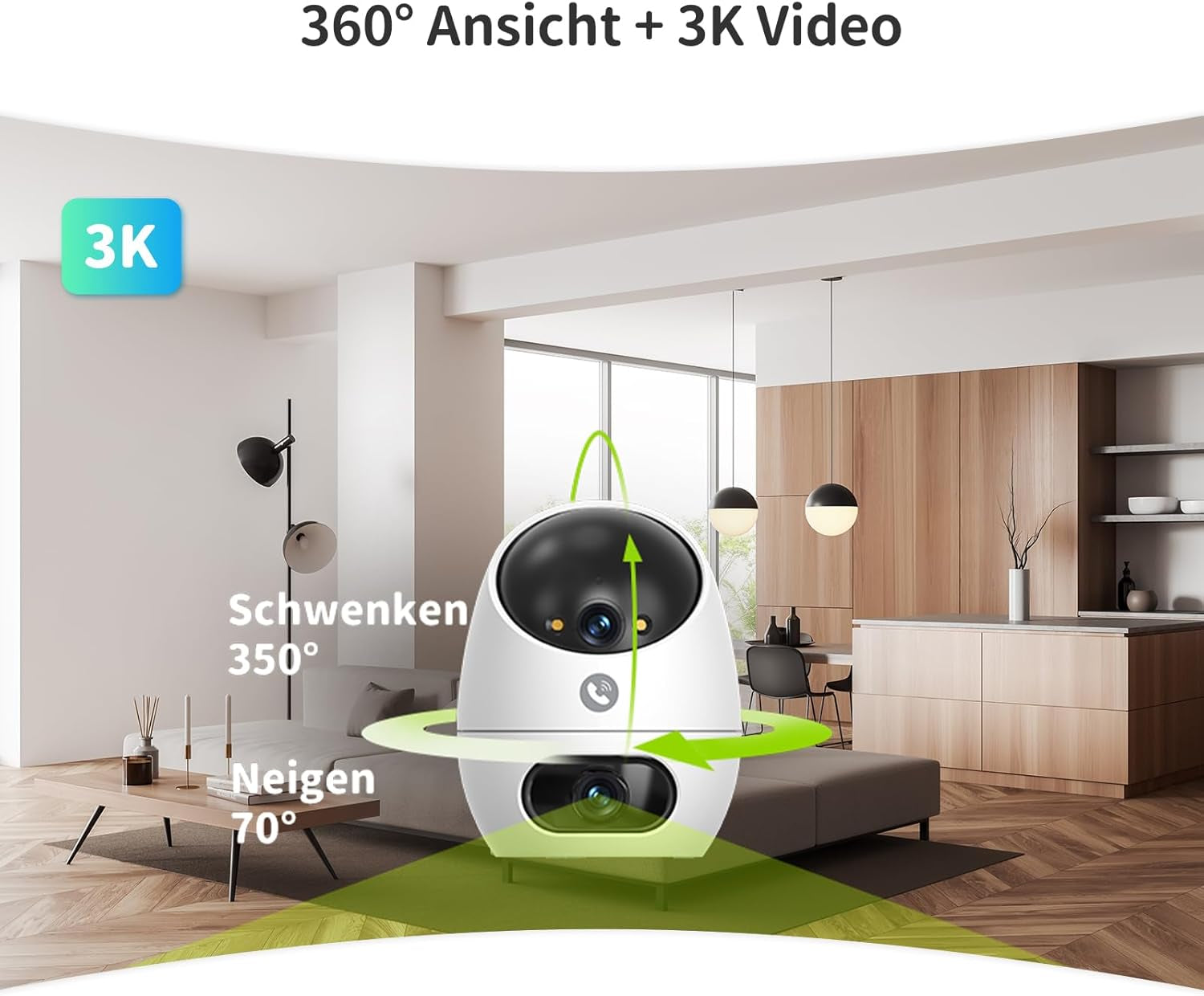 3K+3K (5MP+5MP) WLAN Kamera Mit Dual-Objektiv, Überwachungskamera Innen Mit Erkennung Von Person, Haustier Und Winkender Hand, Alexa Kamera Unterstützt Patrouillenmodus, 2-Wege-Audio D220