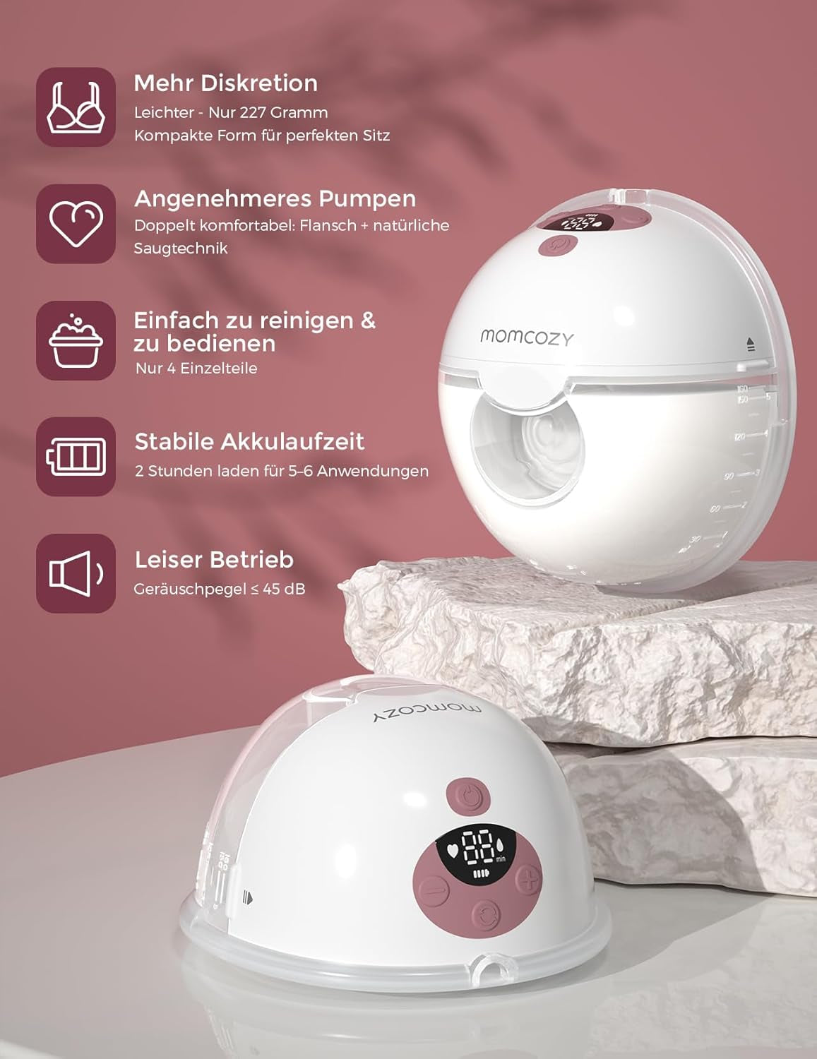 Momcozy Milchpumpe Elektrisch Tragbar Freihändig M5, Doppelmilchpumpe Für Den Babymund, Doppelt Abgedichteter Flansch Mit 3 Modi Und 9 Stufen, 24 Mm (1, Rot)