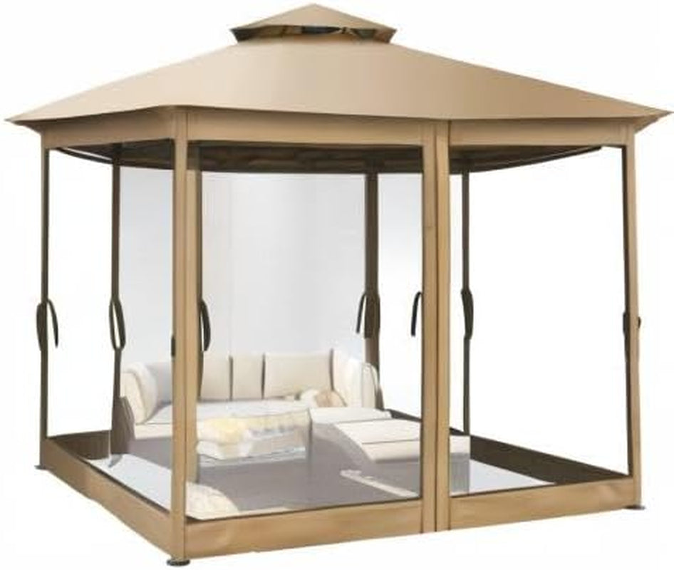 HOTEEL Pavillon 3X3 Wasserdicht Stabil, Gartenpavillon Mit Moskitonetz Und Doppeldach, Einfaches Einrichten Metall Pavillon Stabiler Als EIN Faltpavillon, Uv-Schutz 50+, Khaki