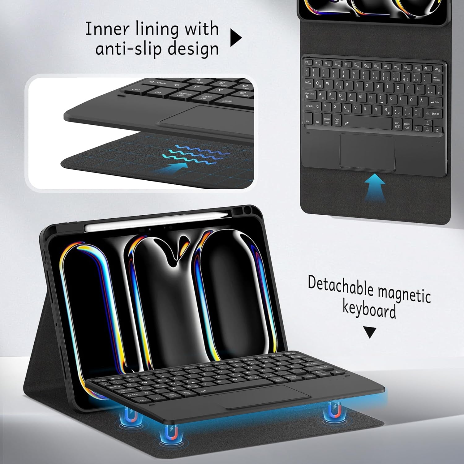 CACOE Hülle Tastatur Kompatibel Mit Ipad Pro 11 Zoll M4 Hülle 2024 Mit Touchpad, 7-Farbige Beleuchtung Abnehmbare Kabellose, Schwarz