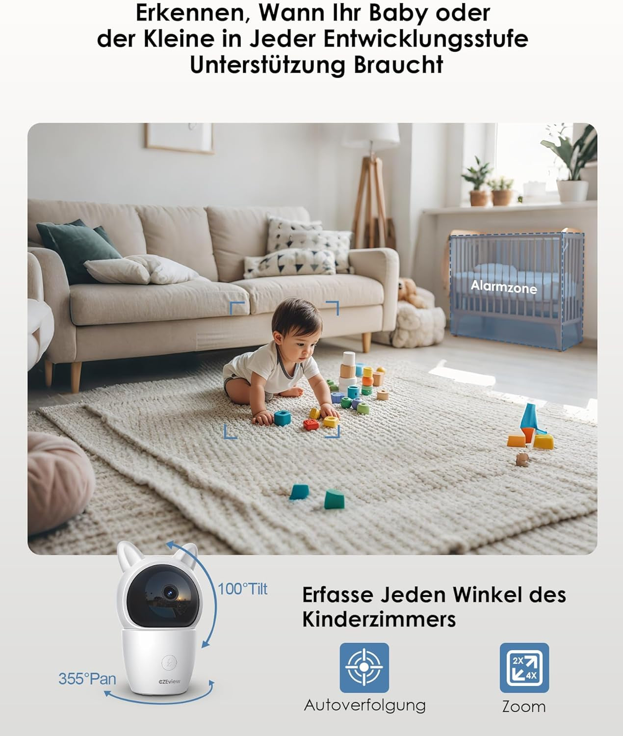 Babyphone Mit 2 Kameras Und APP, 2K/5,0 Zoll WLAN Babyfon Mit Split-Screen, PTZ 360°, 4× Zoom, Ir-Nachtsicht, Automatische Verfolgung, Weinen/Bewegungs/Geräuscherkennung, Alarme