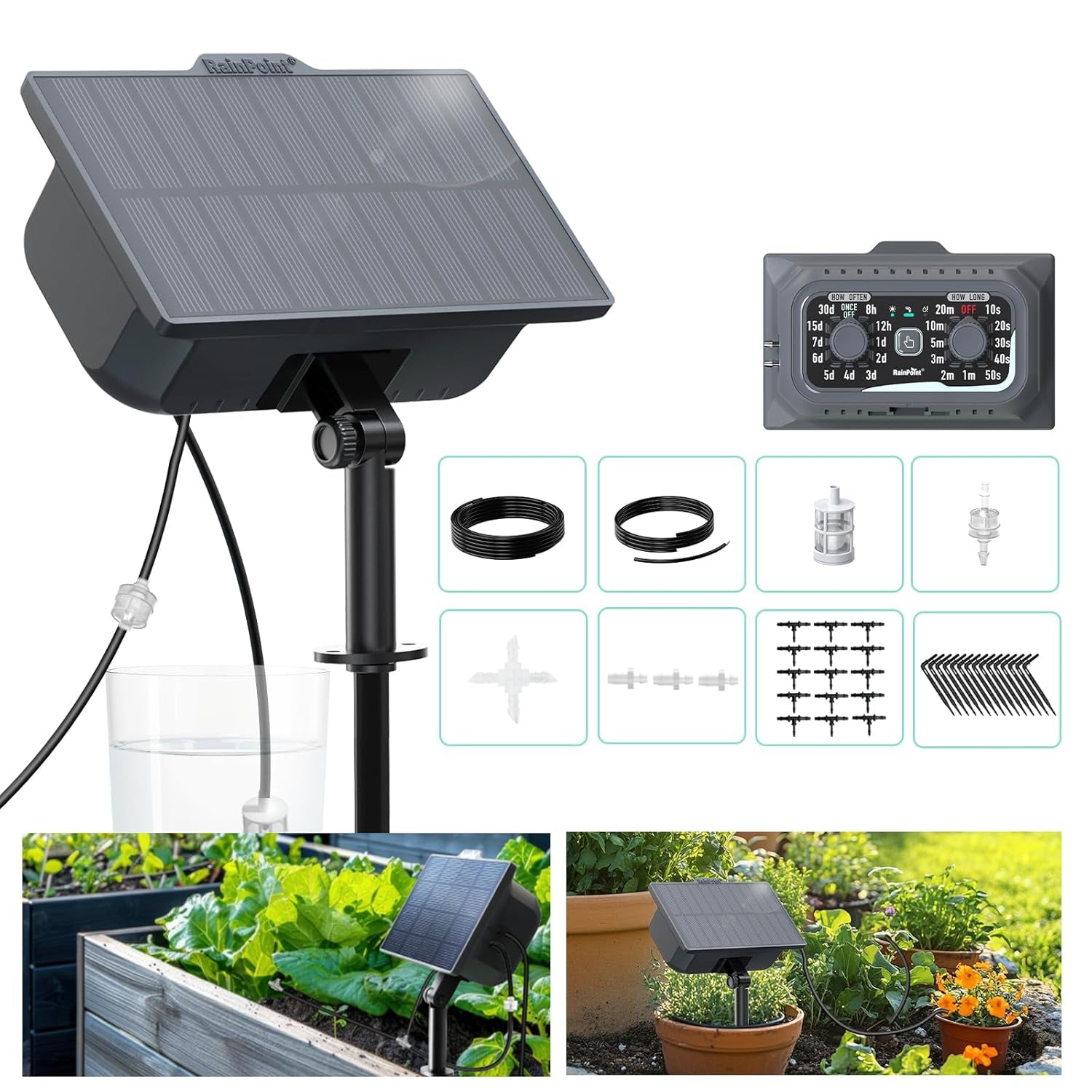 RAINPOINT Solar Bewässerungssystem, Automatische Bewässerungssystem Mit 121 Timer Modi, Solar Bewässerung Outdoor Für Topfpflanzen, Balkon,Garten, Gewächshaus, 2000 Mah Akku, 45L/H