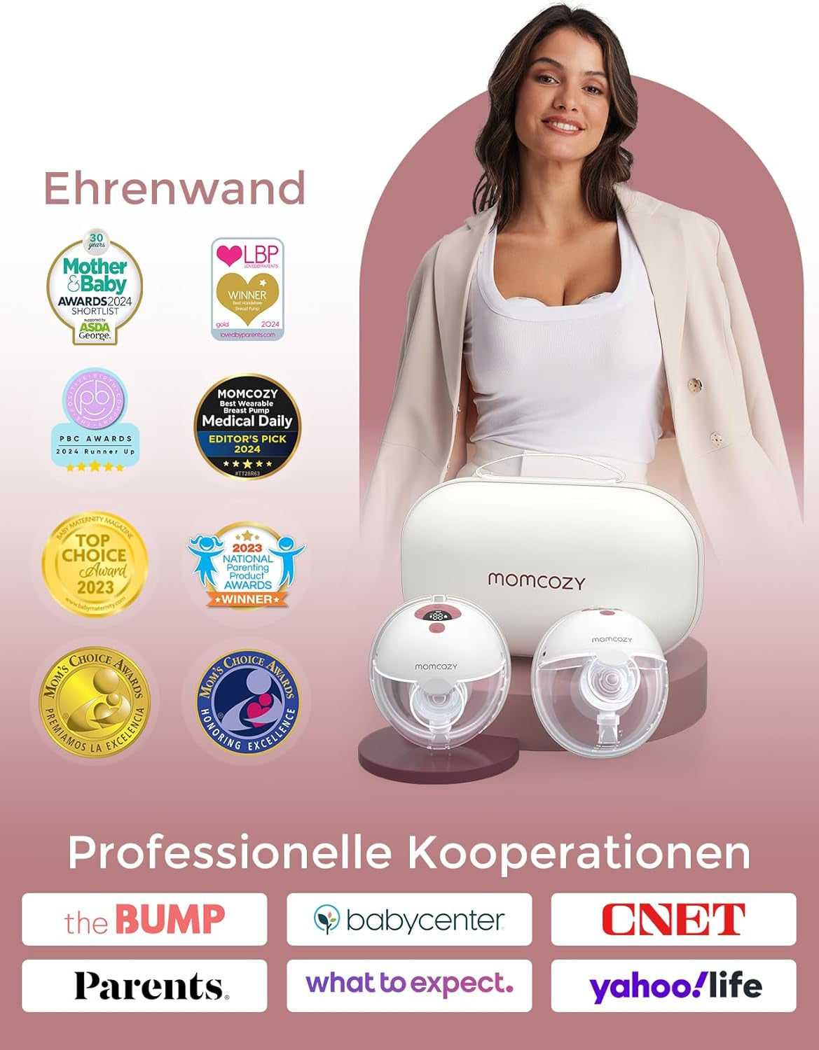 Momcozy Milchpumpe Elektrisch Tragbar Freihändig M5, Doppelmilchpumpe Für Den Babymund, Doppelt Abgedichteter Flansch Mit 3 Modi Und 9 Stufen, 24 Mm (1, Rot)