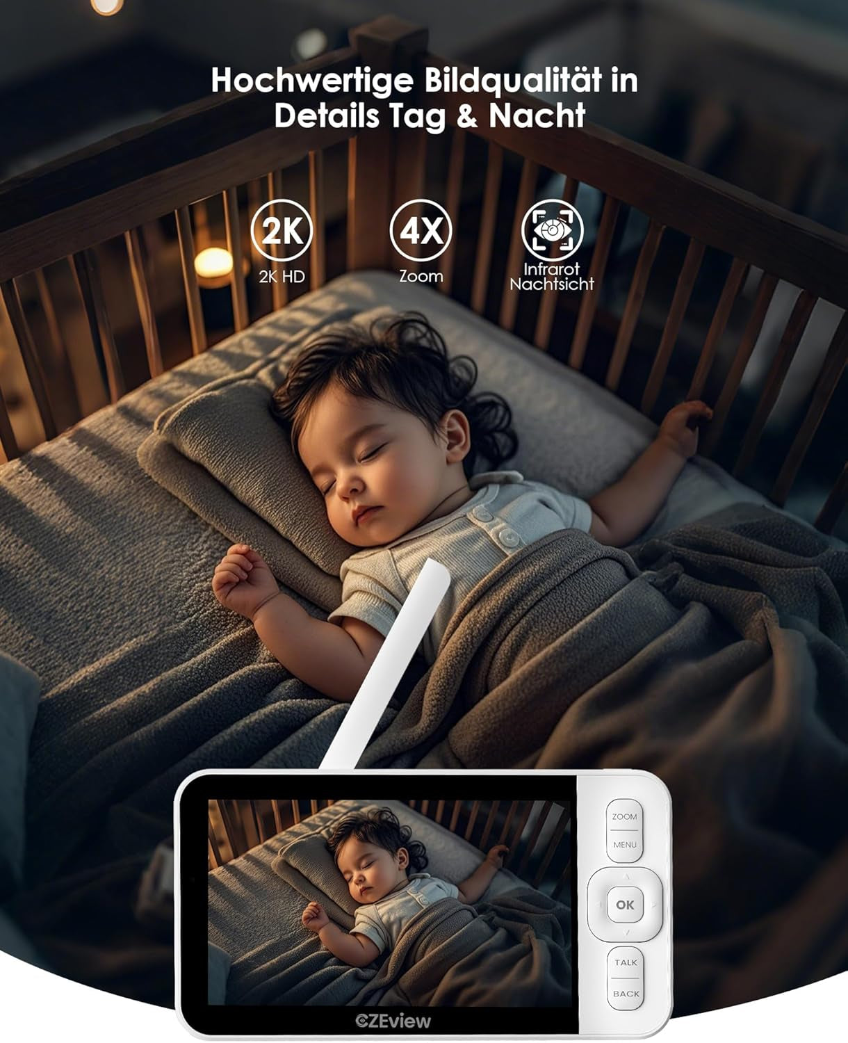 Babyphone Mit 2 Kameras Und APP, 2K/5,0 Zoll WLAN Babyfon Mit Split-Screen, PTZ 360°, 4× Zoom, Ir-Nachtsicht, Automatische Verfolgung, Weinen/Bewegungs/Geräuscherkennung, Alarme