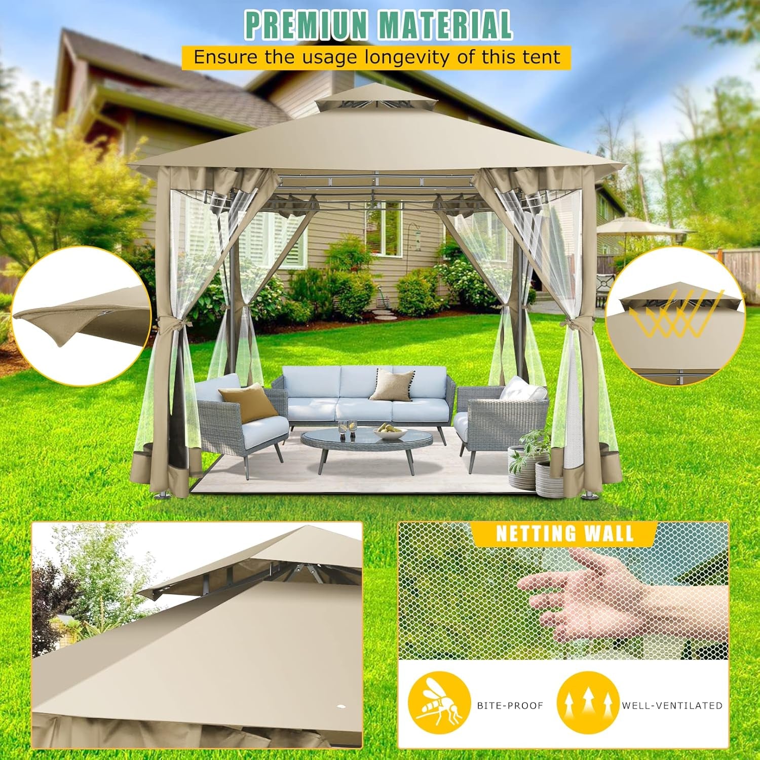 HOTEEL Pavillon 3X3 Wasserdicht Stabil, Gartenpavillon Mit Moskitonetz Und Doppeldach, Einfaches Einrichten Metall Pavillon Stabiler Als EIN Faltpavillon, Uv-Schutz 50+, Khaki