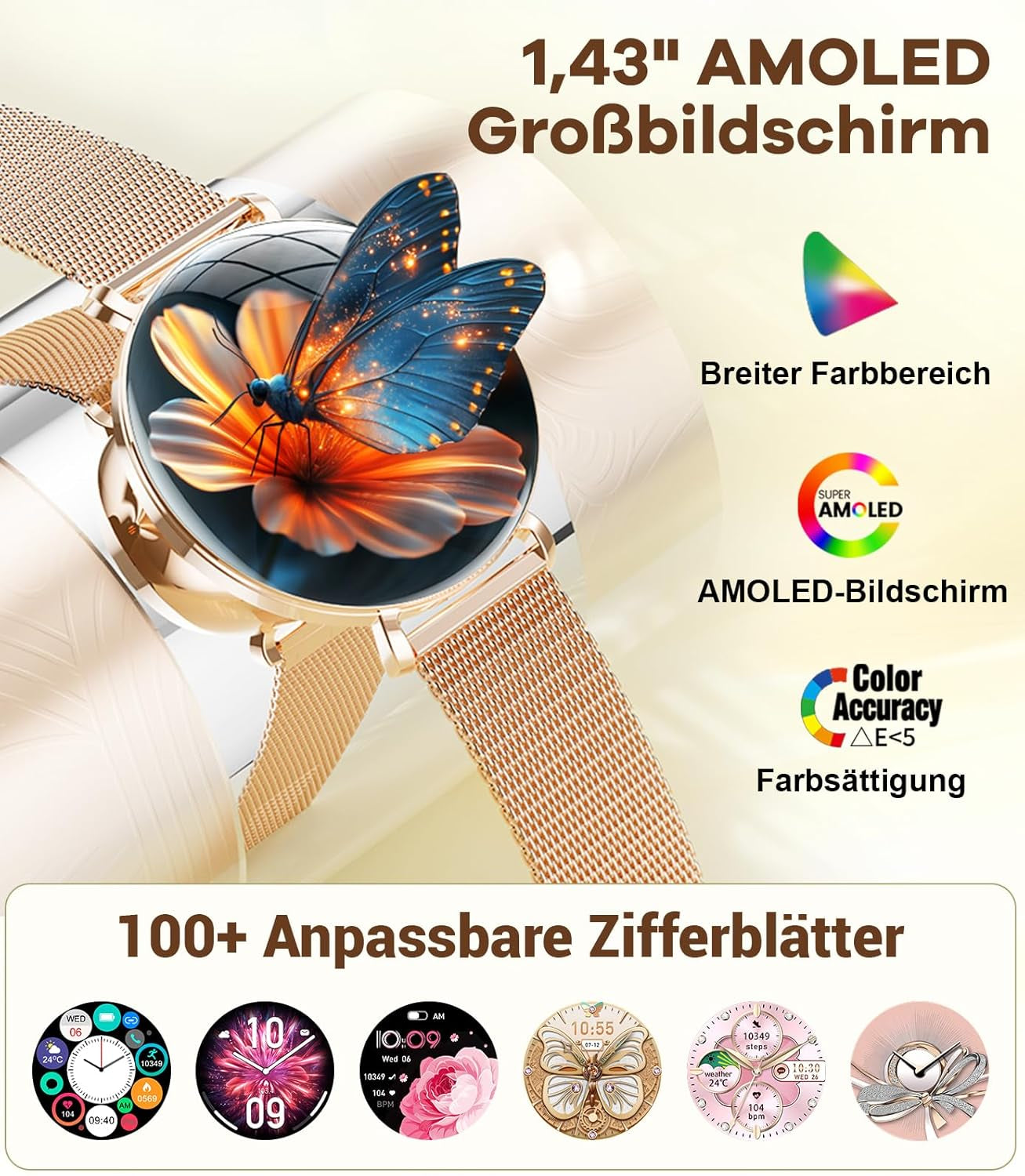 LIGE 2025 Smartwatch Damen, 1,43" HD AMOLED Kreisbogen Display Roségold Armbanduhr Mit Telefonfunktion, Menstruationszyklus/Herzfrequenz, IP68 Wasserdicht 120+ Sportmodi Sportuhr Für Andriod Ios