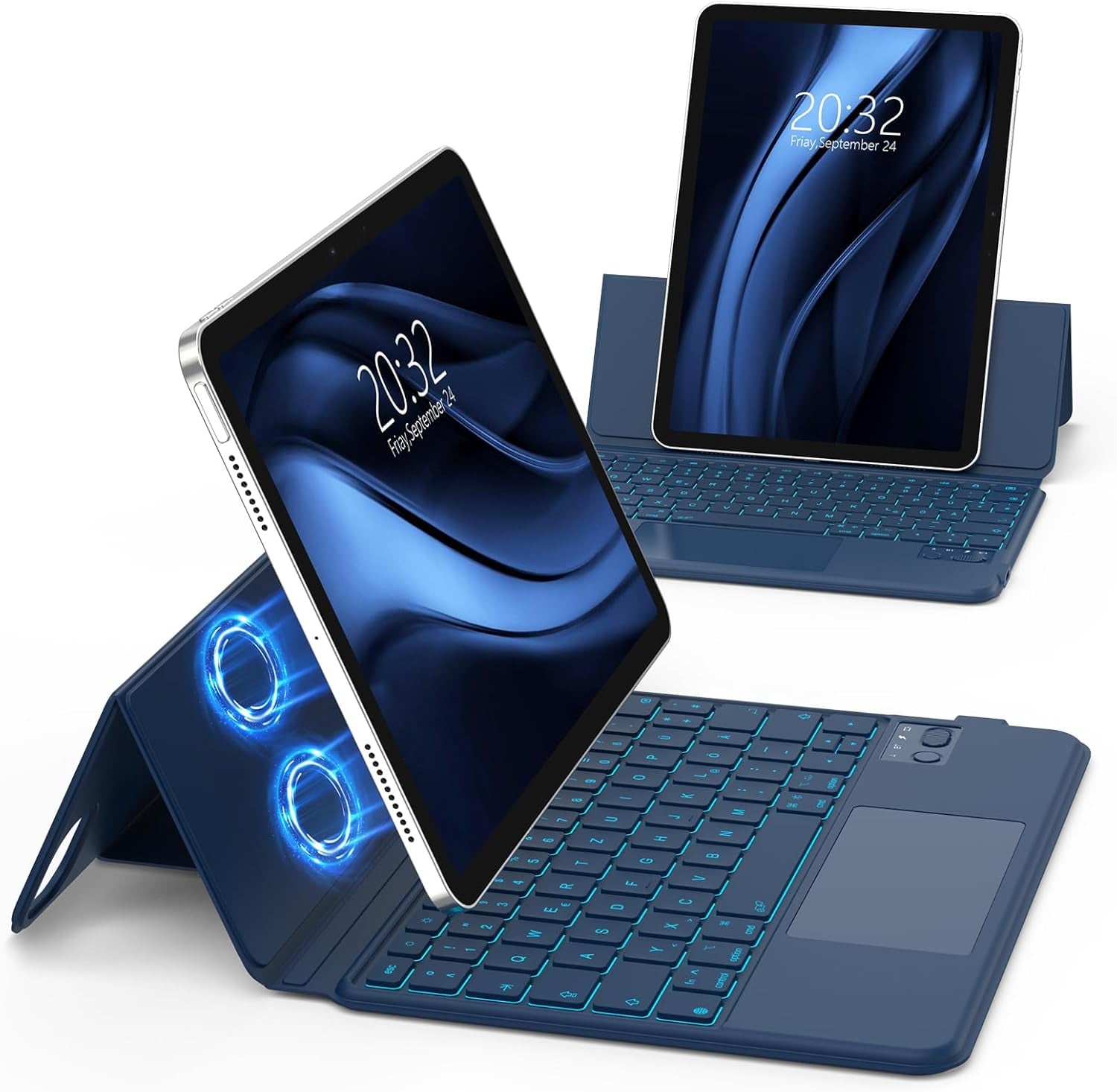 Magnetische Tastatur Hülle Für Ipad Pro 11″(2024 M4),Tastaturhülle Für Ipad Pro 11″ 5.Gen M4,Verstellbares Hoch-/Querformat,Multi-Touch-Trackpad Und 7-Farbige Beleuchtete Tastatur,Qwertz-Blau