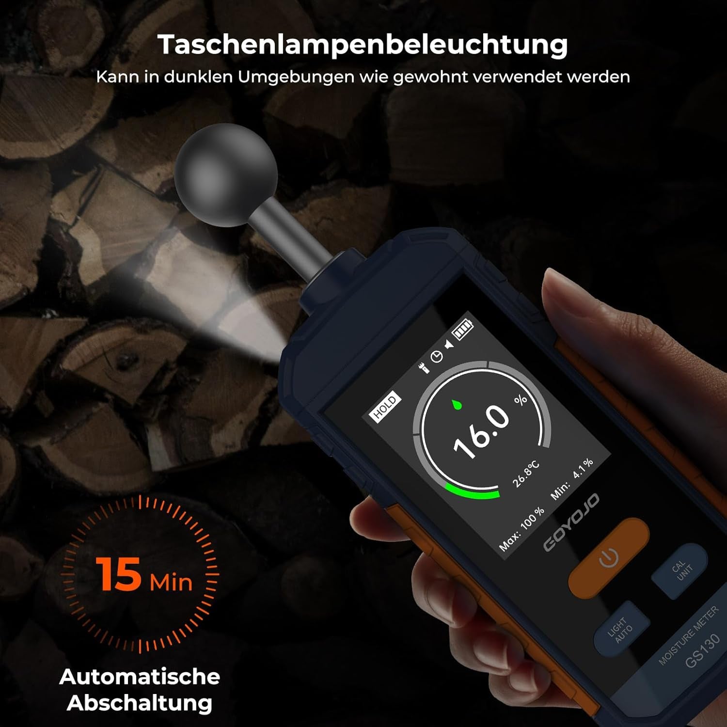 Feuchtigkeitsmessgerät, GOYOJO Holzfeuchtemessgerät Mit Lcd-Bildschirm Und Akustischem Alarm, Wiederaufladbare Feuchtigkeitsmesser Für Holz Brennholz Und Papier, Nachweis Von 5 Bis 40 Mm