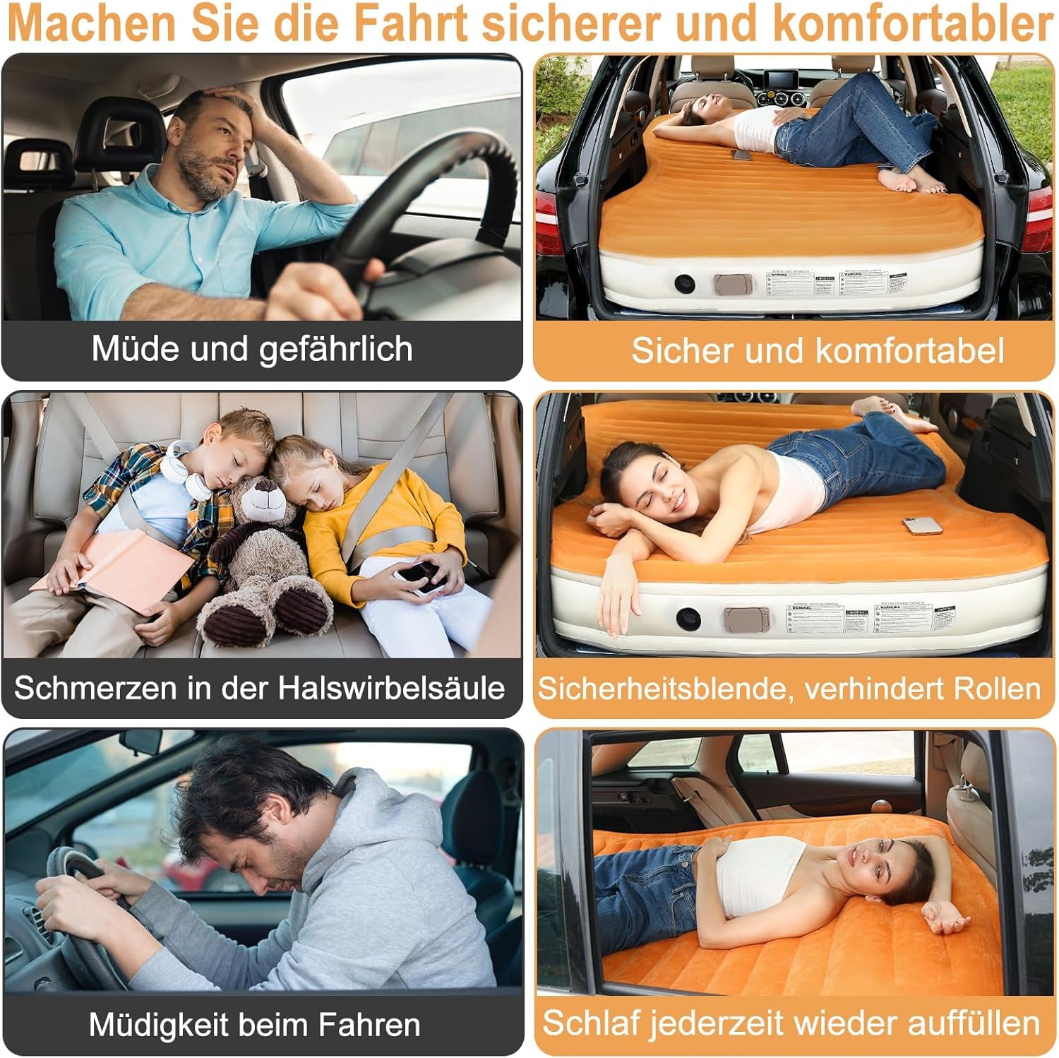 KMZ Suv-Luftmatratze Mit Eingebauter Pumpe Und 2 Kissen, Dickes Flockiertes PVC, Schnelle 90-Sekunden-Inflation, Tragbare Und Langlebige Auto-Luftmatratze Für Camping, Reisen, LKW