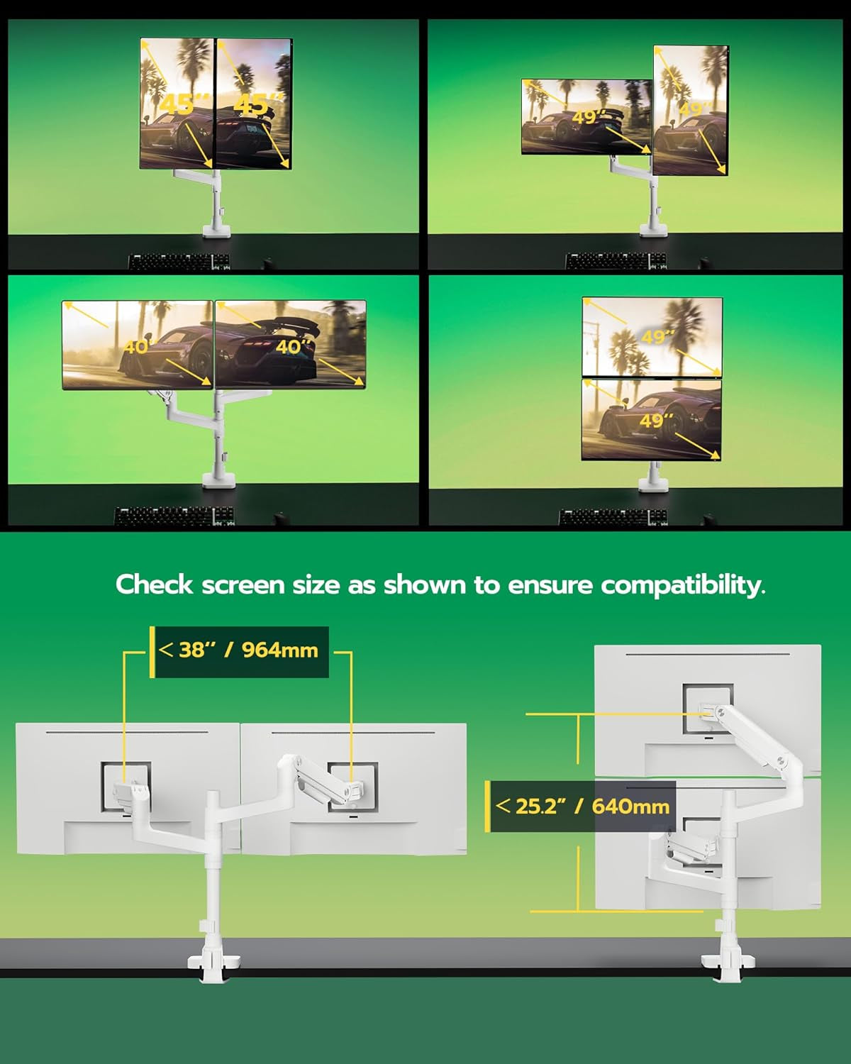 ARES WING Monitor Halterung 2 Monitore Für 17 Bis 49 Zoll Bildschirme, Höhenverstellbare Dual Monitor Arm Mit USB A/C Port, Weiß Bildschirmhalterung 2 Monitore, Max 20 Kg/Arm,Vesa 75 & 100