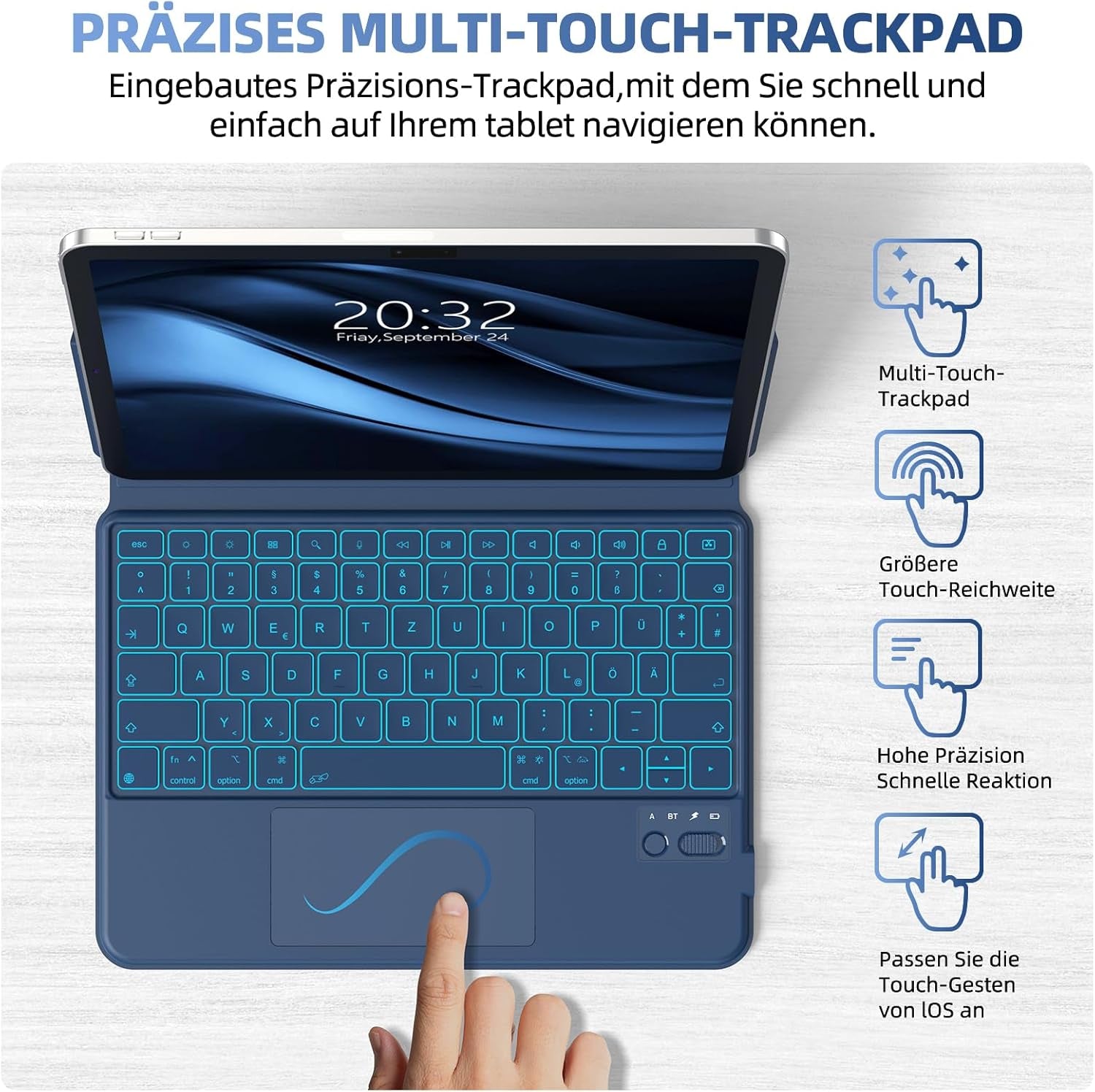 Magnetische Tastatur Hülle Für Ipad Pro 11″(2024 M4),Tastaturhülle Für Ipad Pro 11″ 5.Gen M4,Verstellbares Hoch-/Querformat,Multi-Touch-Trackpad Und 7-Farbige Beleuchtete Tastatur,Qwertz-Blau