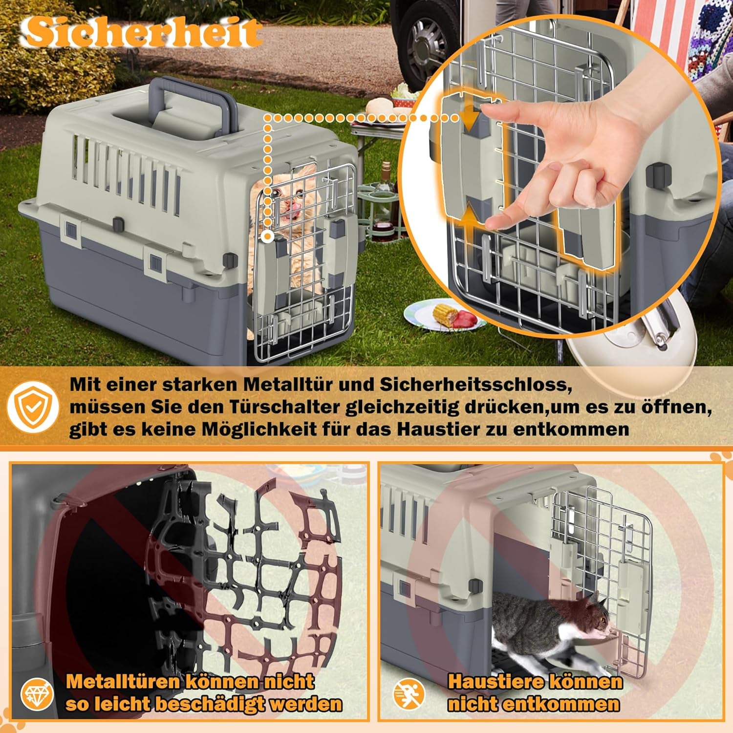 HENGMEI Transportbox Hundebox Hundetransportbox Kleine Hunde Und Katzen Kaninchen Kunststoff Katzenkorb Tiertransportbox Mit Tür Lüftungsschlitze Urinbarriere Schalen Und Tragegriff, 49.5×33.5×36Cm