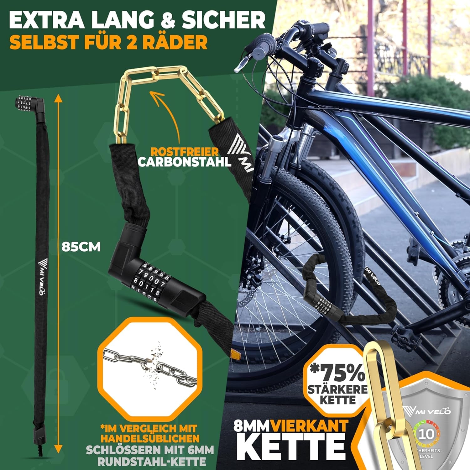 MIVELO Fahrradschloss Kettenschloss Aus Gehärtetem Stahl - 85Cm Lang I Fahrrad Schloss - Kettenschlösser Hohe Sicherheit I 8Mm Vierkant-Kette - Radschloss Fahrrad, E-Bike & E-Scooter (Mit Zahlencode)
