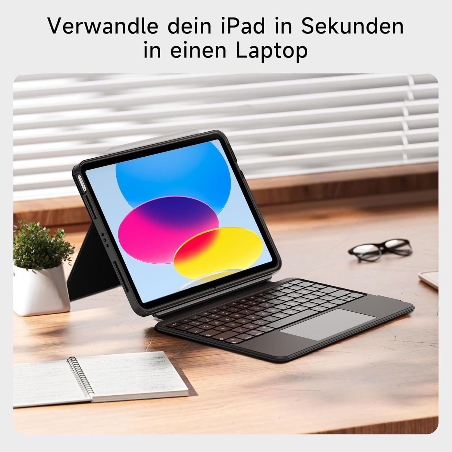 HOU Ipad 11. A16/10. Generation Case Mit Tastatur, Drehbare Und Abnehmbare Tastatur Für Ipad 11''/10, Elastische Stifthalterung, Vollschutzhülle, 7-Farben Hintergrundbeleuchtung, Multi-Touch Trackpad