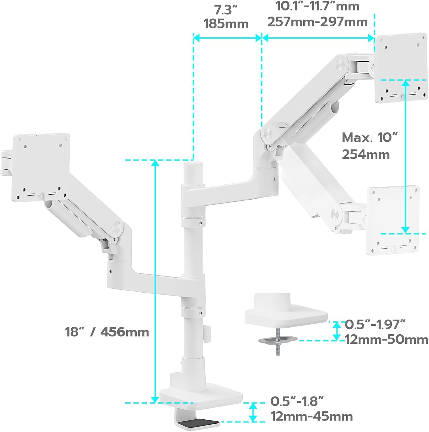 ARES WING Monitor Halterung 2 Monitore Für 17 Bis 49 Zoll Bildschirme, Höhenverstellbare Dual Monitor Arm Mit USB A/C Port, Weiß Bildschirmhalterung 2 Monitore, Max 20 Kg/Arm,Vesa 75 & 100