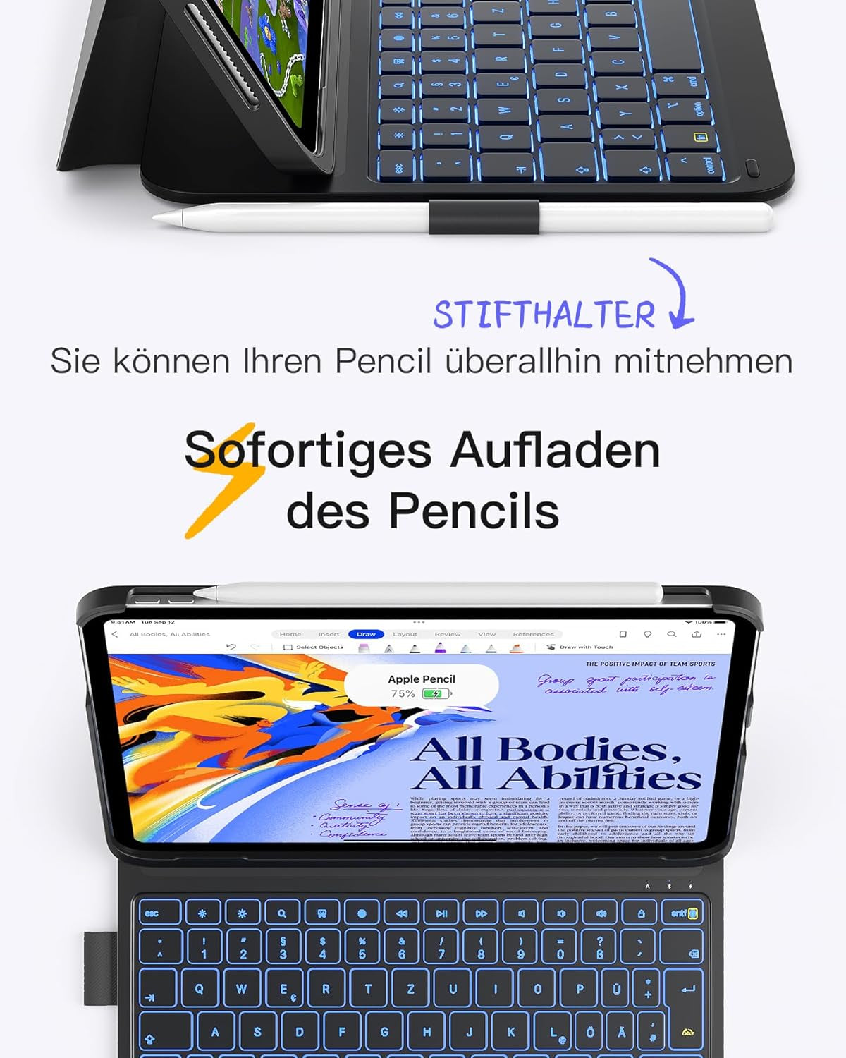 Inateck Ultraleichte Hülle Mit Tastatur Für Ipad 10 Gen,11 Gen. A16 2025 11 Zoll,Ipad Air 11" M3/M2 (2025/2024),Air 5/4,Pro 11 4/3/2/1,7-Farbiger Beleuchtung,Mit Stifthalter,Qwertz,Airtap BK2007-RGB