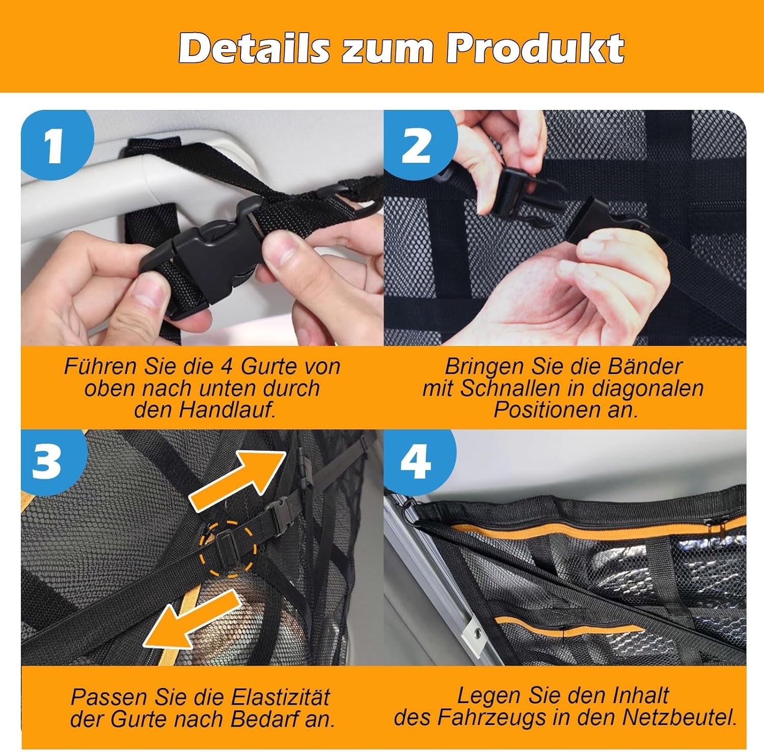 Autodach Gepäcknetz Decke, 90 × 65 Cm Universal Aufbewahrungsnetz Mit Verstellbaren Gurten Und 3 Separaten Reißverschlusstaschen Für Autos, Jeeps, Vans Und Suvs Mit Vier Dachreling