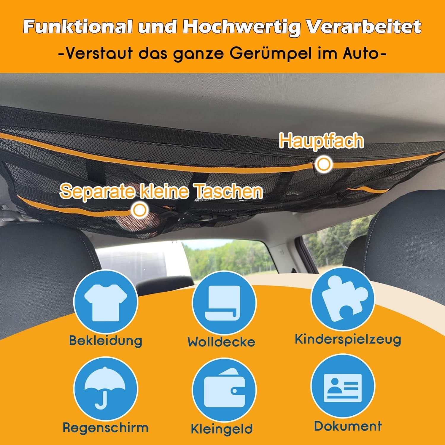Autodach Gepäcknetz Decke, 90 × 65 Cm Universal Aufbewahrungsnetz Mit Verstellbaren Gurten Und 3 Separaten Reißverschlusstaschen Für Autos, Jeeps, Vans Und Suvs Mit Vier Dachreling