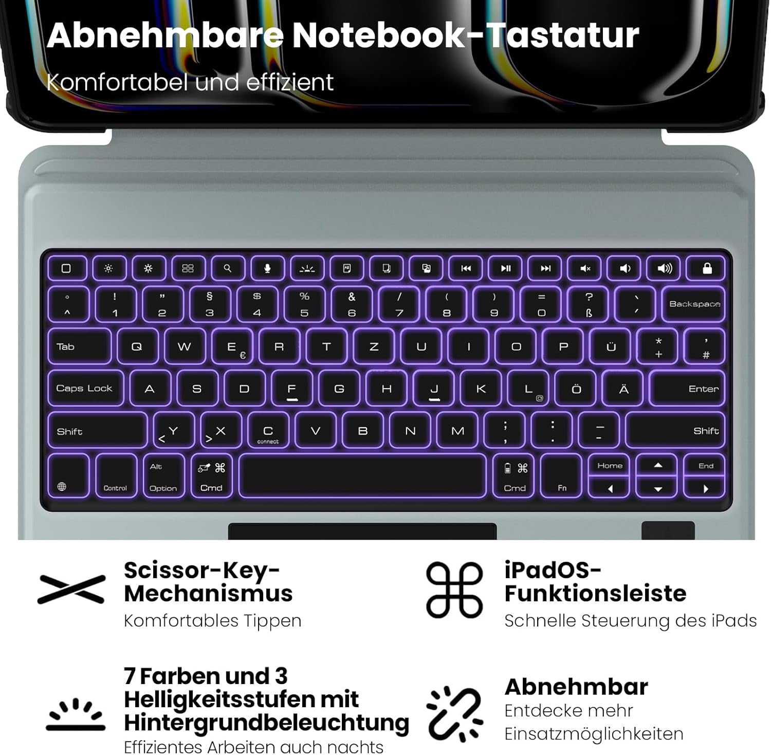 Nillkin Ipad Pro 13 Zoll (M4, 2024) Hülle Mit Tastatur, Robuste Tastaturhülle Mit Kamerabedeckung,Verstellbar, Abnehmbar,Magischem Trackpad, 7-Farben-Hintergrundbeleuchtung,Schwarz