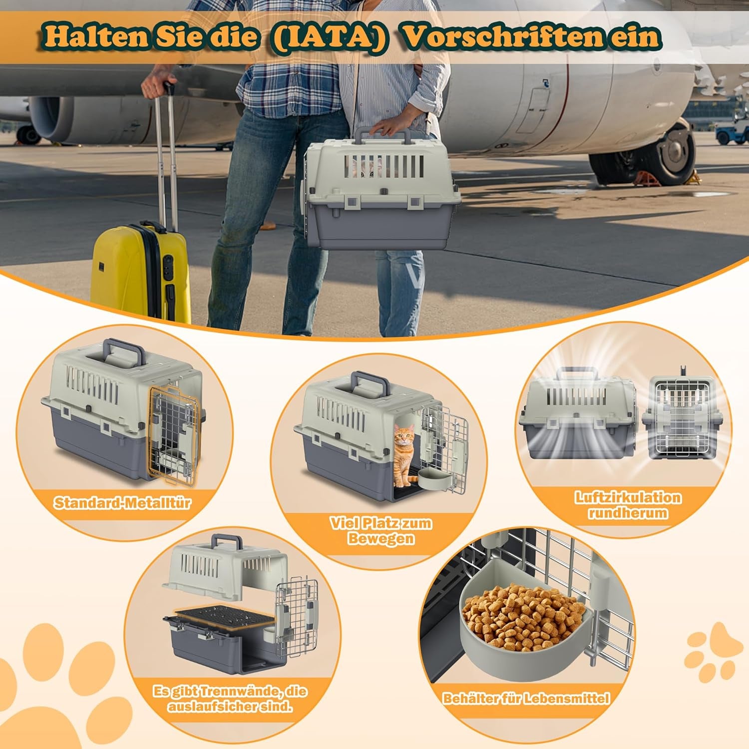 HENGMEI Transportbox Hundebox Hundetransportbox Kleine Hunde Und Katzen Kaninchen Kunststoff Katzenkorb Tiertransportbox Mit Tür Lüftungsschlitze Urinbarriere Schalen Und Tragegriff, 49.5×33.5×36Cm