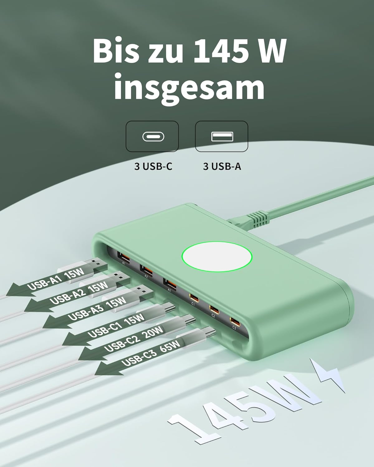 POANES 100W USB C Ladegerät Schnellladegerät Mehrfach 6 Port,65W Laptop USB C Ladestation Für Macbook, Iphone Und Samaung (Green)