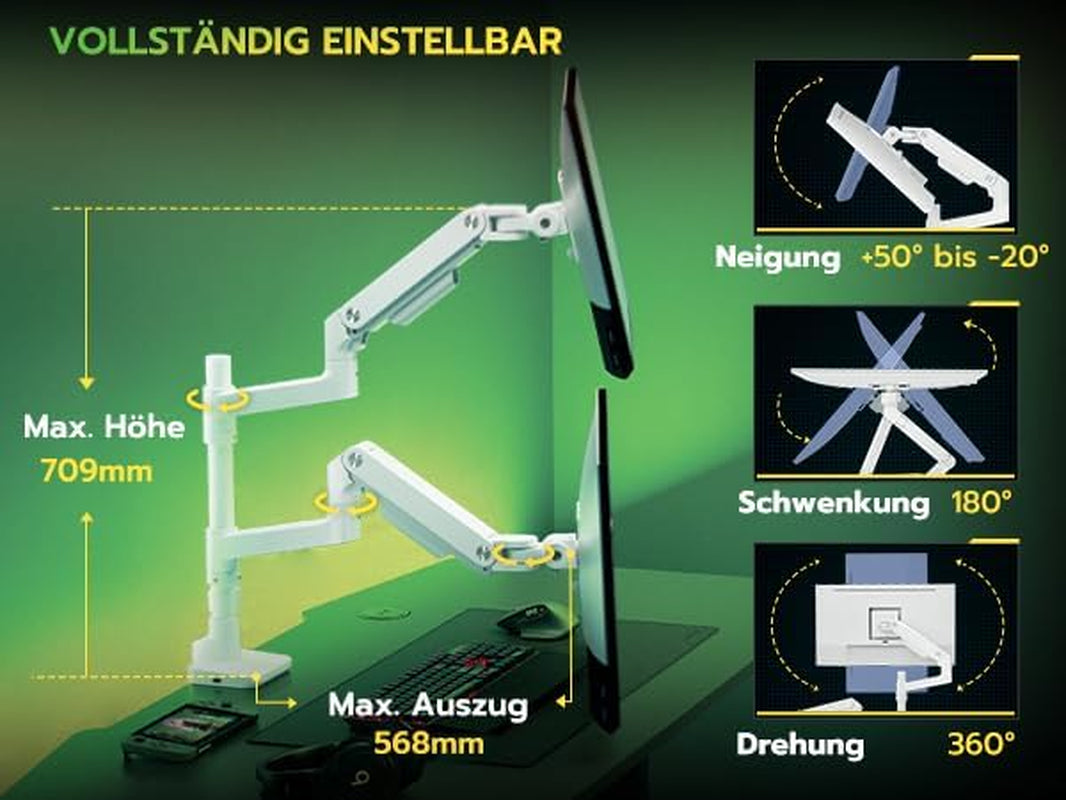 ARES WING Monitor Halterung 2 Monitore Für 17 Bis 49 Zoll Bildschirme, Höhenverstellbare Dual Monitor Arm Mit USB A/C Port, Weiß Bildschirmhalterung 2 Monitore, Max 20 Kg/Arm,Vesa 75 & 100
