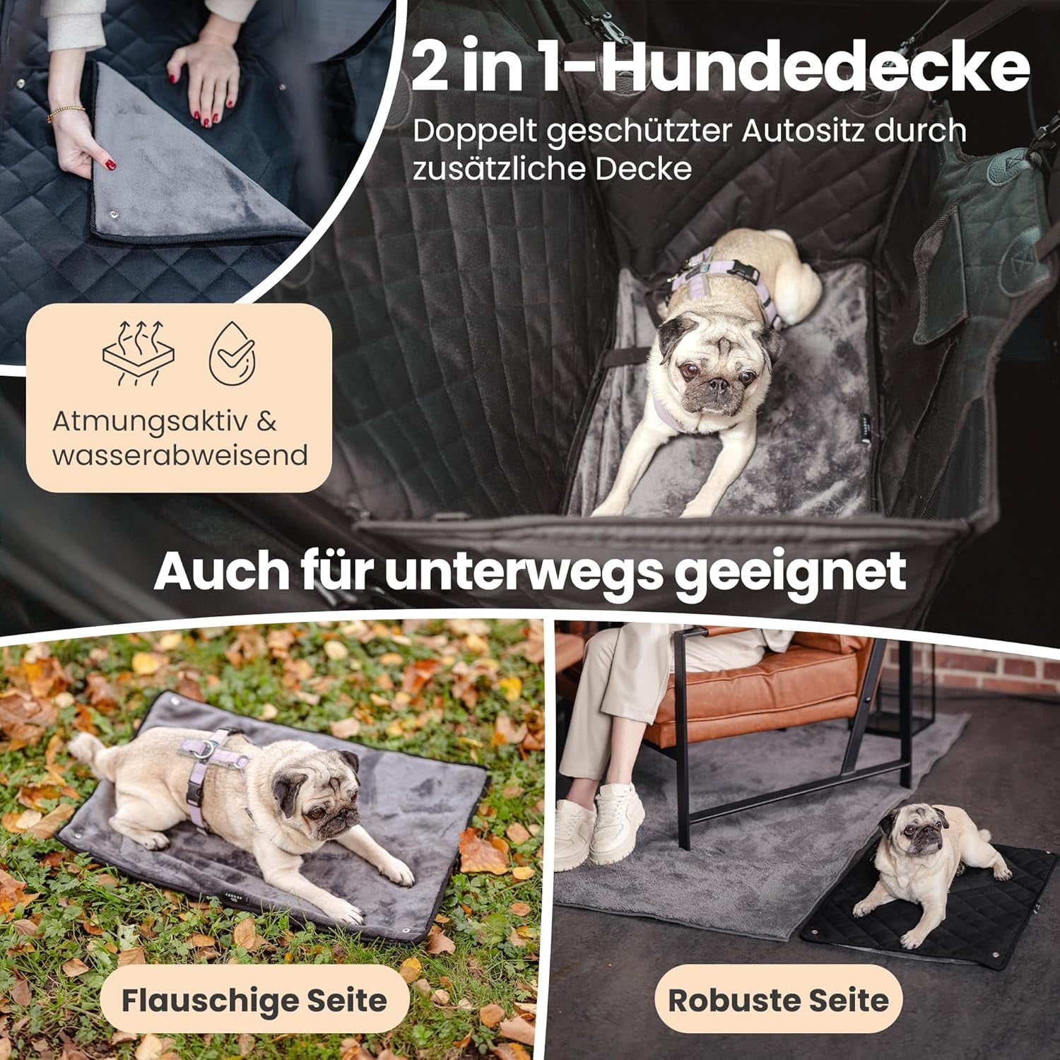 Hunde Autositz Für Rückbank Mit Flauschiger Zusatzdecke - Hundedecke Für Kleine, Mittlere Hunde - Sicherheitsgurte in 2 Versch. Längen - Wasserdicht & Robust