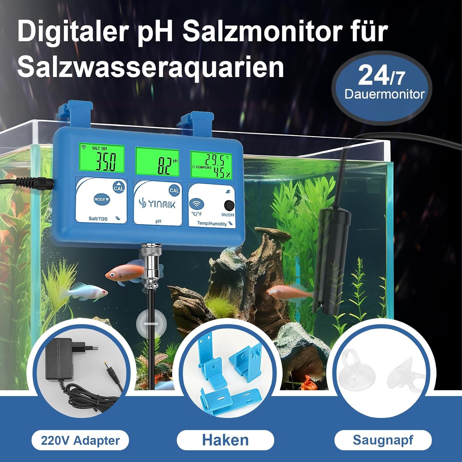 Ph Messgerät Salz Aquarium, All-In-One Ph-Tds-Salz Temperatur Luftfeuchtigkeit, Continuous Ph SALZ Monitor Mit Wifi Fernbedienung Für Hydrokulturen, Aquarien Und Pools
