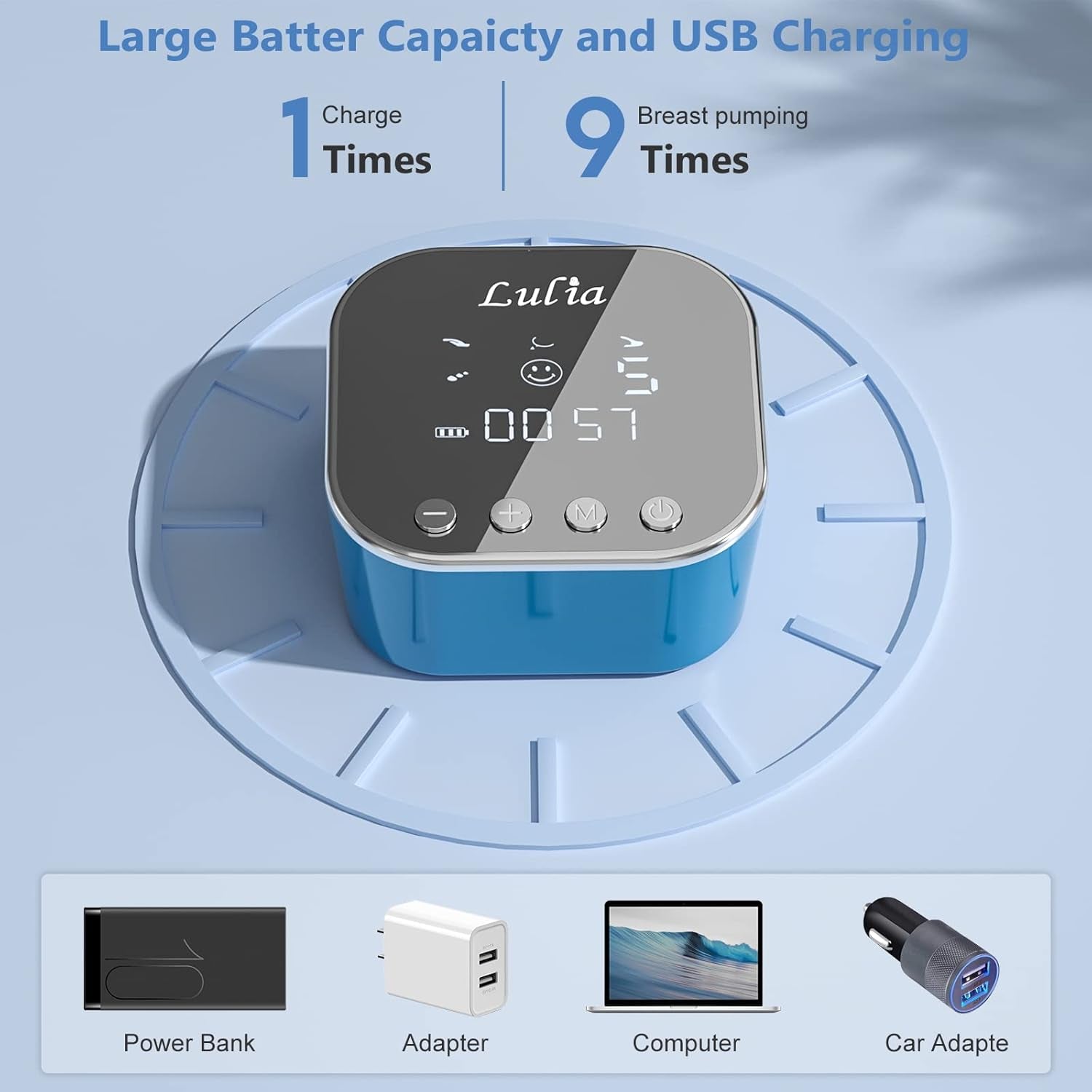 Lulia Doppelte Elektrische Milchpumpe, Tragbar, Starke Absaugung, Schmerzlos, Mit 2 Größen Von Flansch, 4 Modi Und 9 Stufen, Milch, Super Leise, Wiederaufladbar (Blau).
