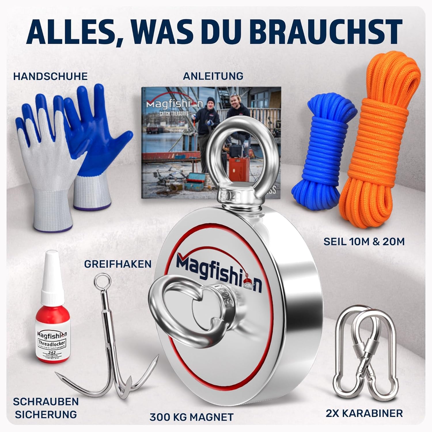 Magnetfischen Set - 150 KG - Ø60Mm - Neodym Magnet Mit 2 Seilen, Greifhaken & Handschuhe - Magnet Fischen Angel - Ösenmagnet - Fishing Magnetangel - Magnetangeln Set