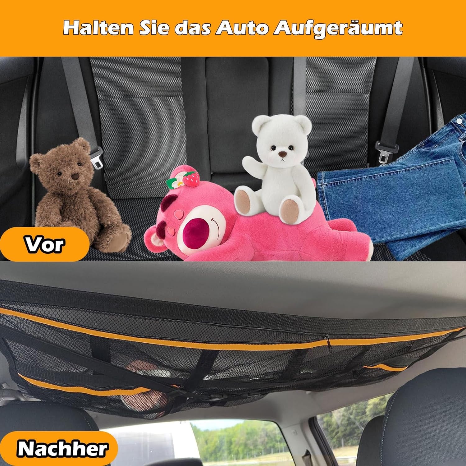 Autodach Gepäcknetz Decke, 90 × 65 Cm Universal Aufbewahrungsnetz Mit Verstellbaren Gurten Und 3 Separaten Reißverschlusstaschen Für Autos, Jeeps, Vans Und Suvs Mit Vier Dachreling