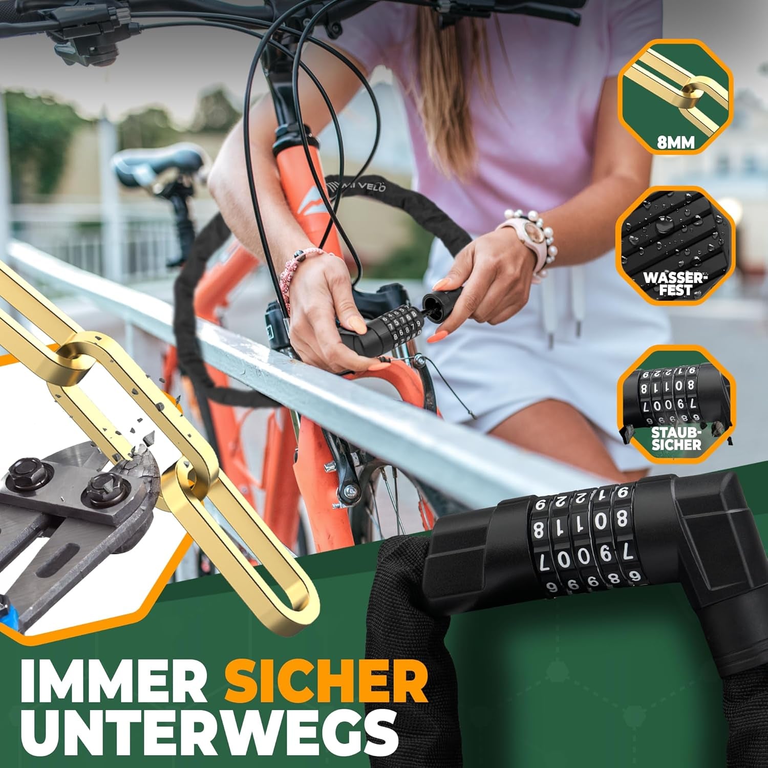 MIVELO Fahrradschloss Kettenschloss Aus Gehärtetem Stahl - 85Cm Lang I Fahrrad Schloss - Kettenschlösser Hohe Sicherheit I 8Mm Vierkant-Kette - Radschloss Fahrrad, E-Bike & E-Scooter (Mit Zahlencode)