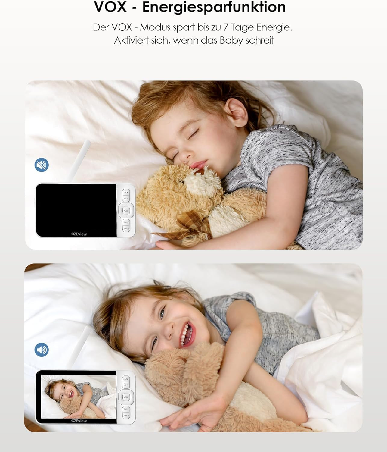Babyphone Mit 2 Kameras Und APP, 2K/5,0 Zoll WLAN Babyfon Mit Split-Screen, PTZ 360°, 4× Zoom, Ir-Nachtsicht, Automatische Verfolgung, Weinen/Bewegungs/Geräuscherkennung, Alarme