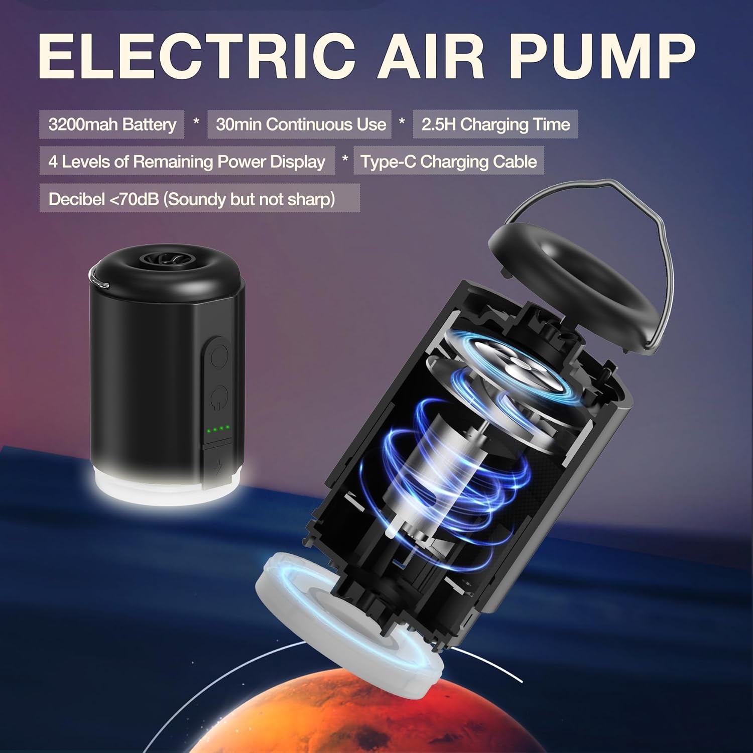 Elektrische Luftpumpe Für Luftmatratze, 5.2Kpa Mini Electric Air Pump Tragbare Mit Campinglampe & Wiederaufladbare Akku, Kompakt Schnell Zum Aufblasen Und Entleeren Für Poolschwimmer Boote