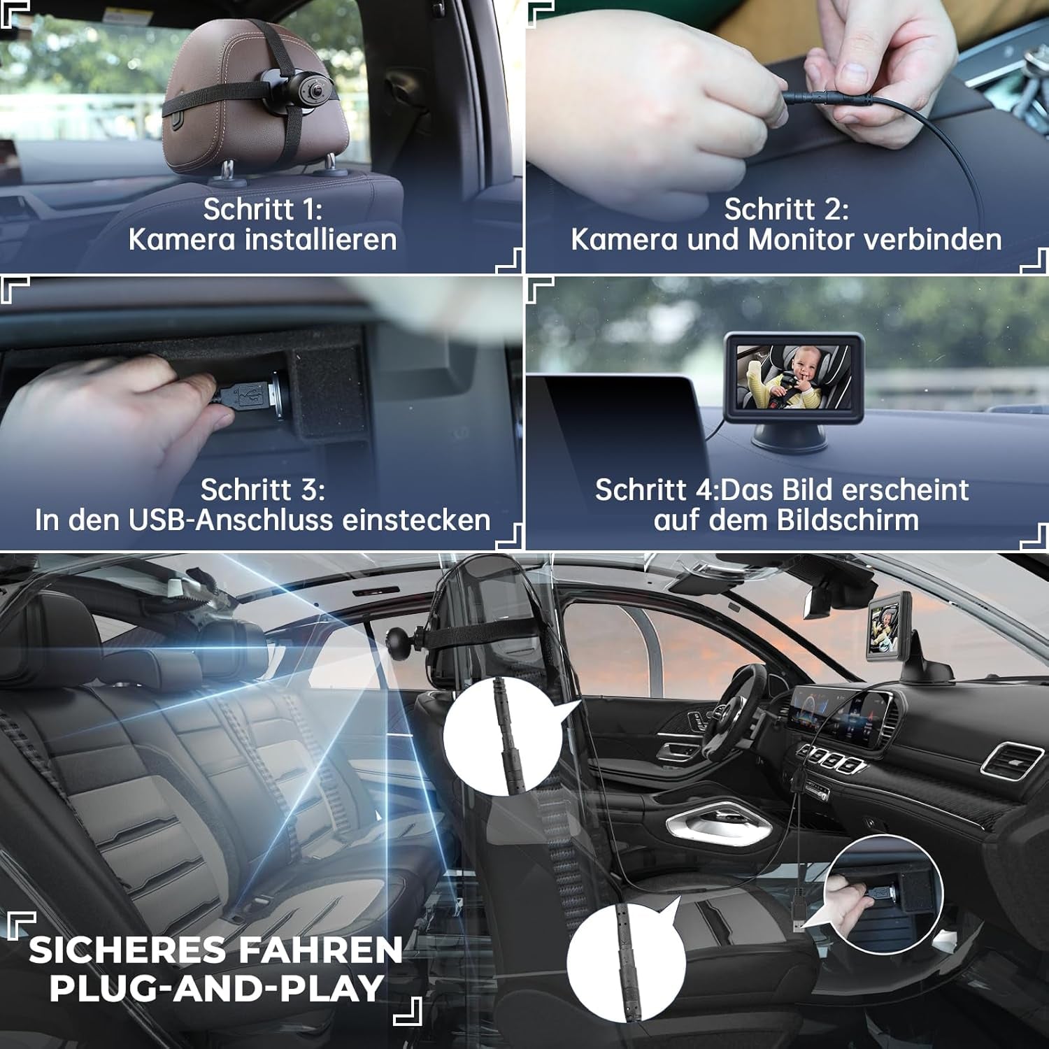 Baby Auto Kamera HD 1080P, 4,3'' Rücksitzkamera Mit Monitor, USB Plug-And-Play, Autospiegelkamera Nachtsicht Auto Spiegel Display Klare Sicht Für Den Rücksitz