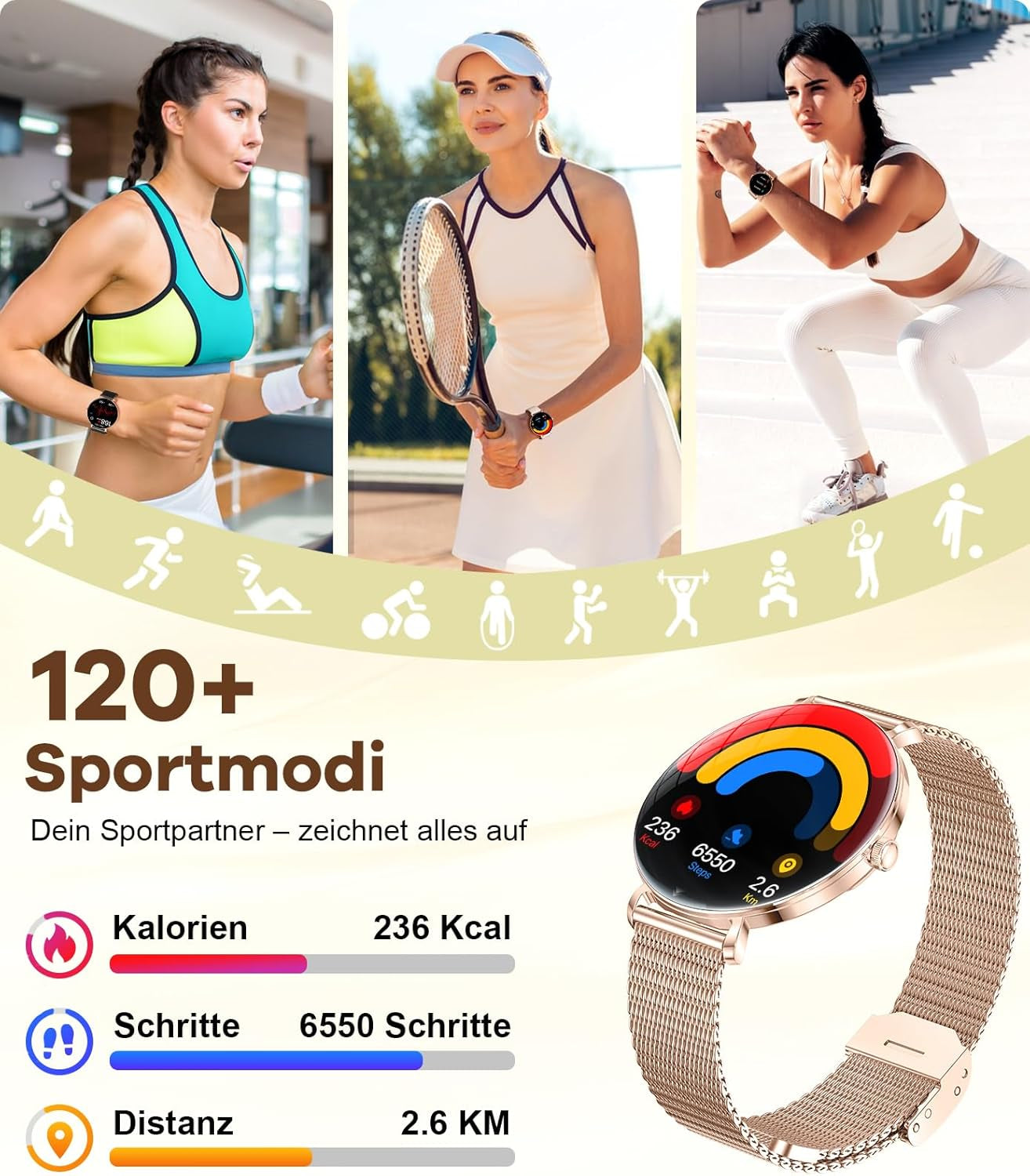 LIGE 2025 Smartwatch Damen, 1,43" HD AMOLED Kreisbogen Display Roségold Armbanduhr Mit Telefonfunktion, Menstruationszyklus/Herzfrequenz, IP68 Wasserdicht 120+ Sportmodi Sportuhr Für Andriod Ios